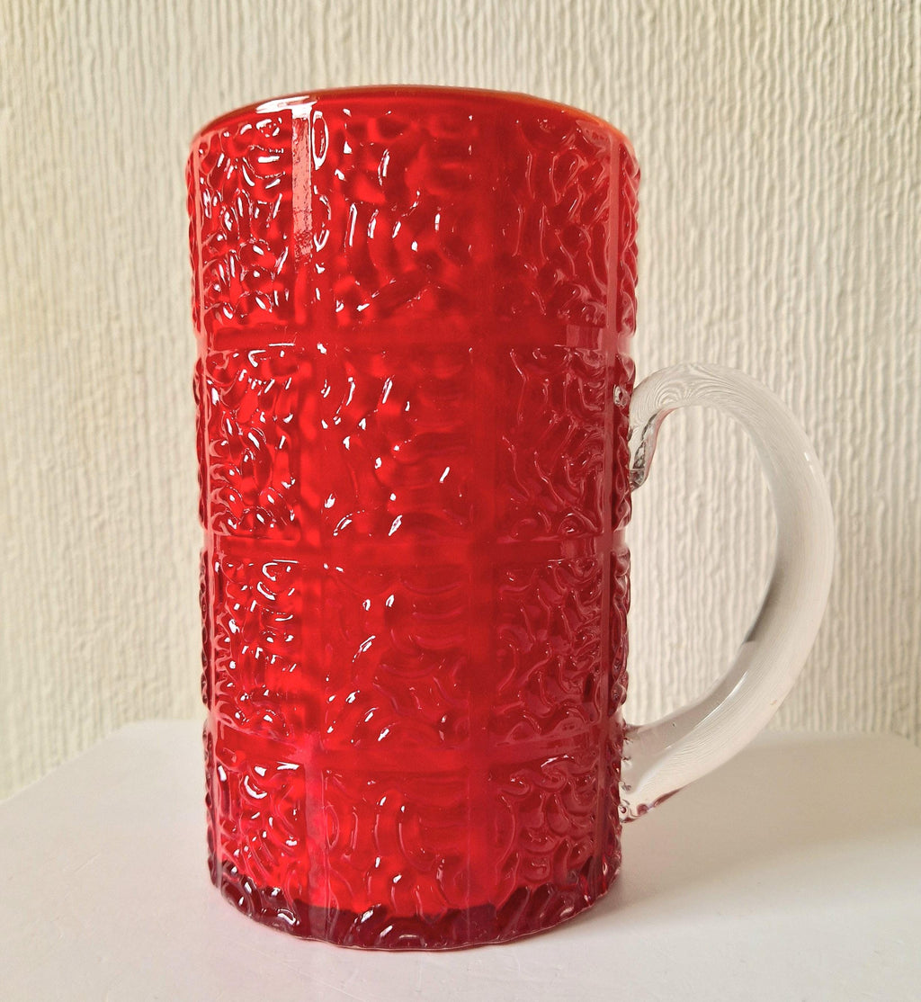 Large Bright Red Textured Cased Glass Tankard Rare Mid-Century Vintage Heavy Glass