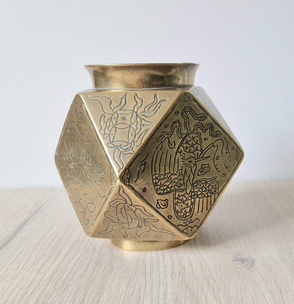 Antique Japanese Tetradecahedron Gilt Bronze Vase 14cm
