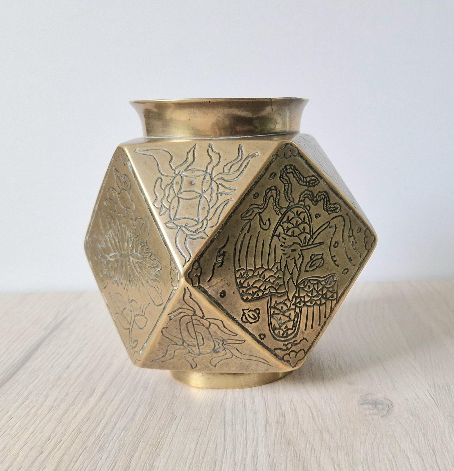Antique Japanese Tetradecahedron Gilt Bronze Vase 14cm