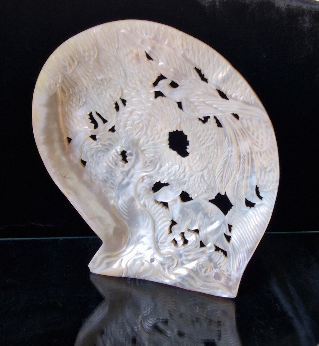 Vintage Chinese Carved Large Mother Of Pearl Shell Animal Birds Forest Scene