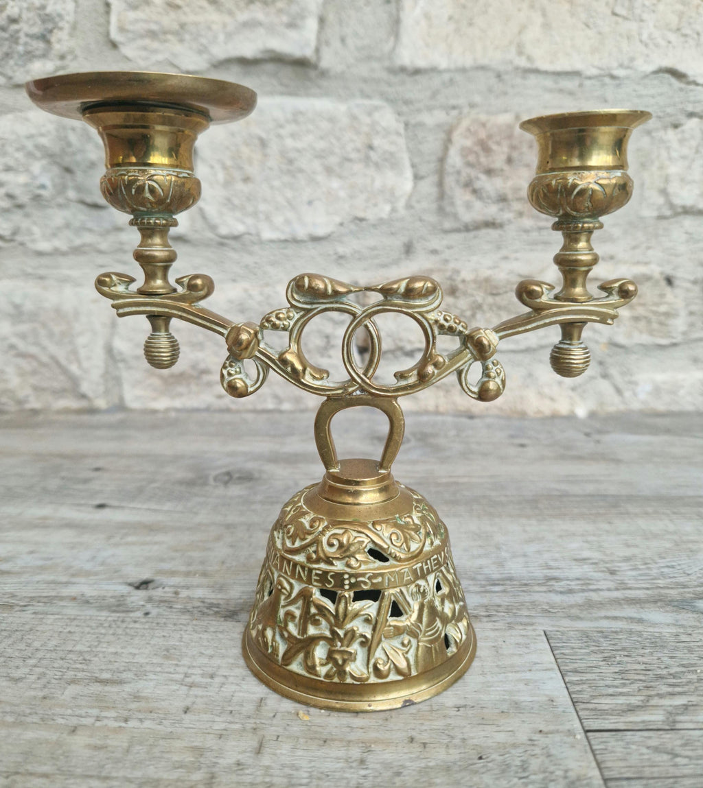 Brass Altar Bell Double Candle Holder With Pierced-Work Four Evangelists Names Antique