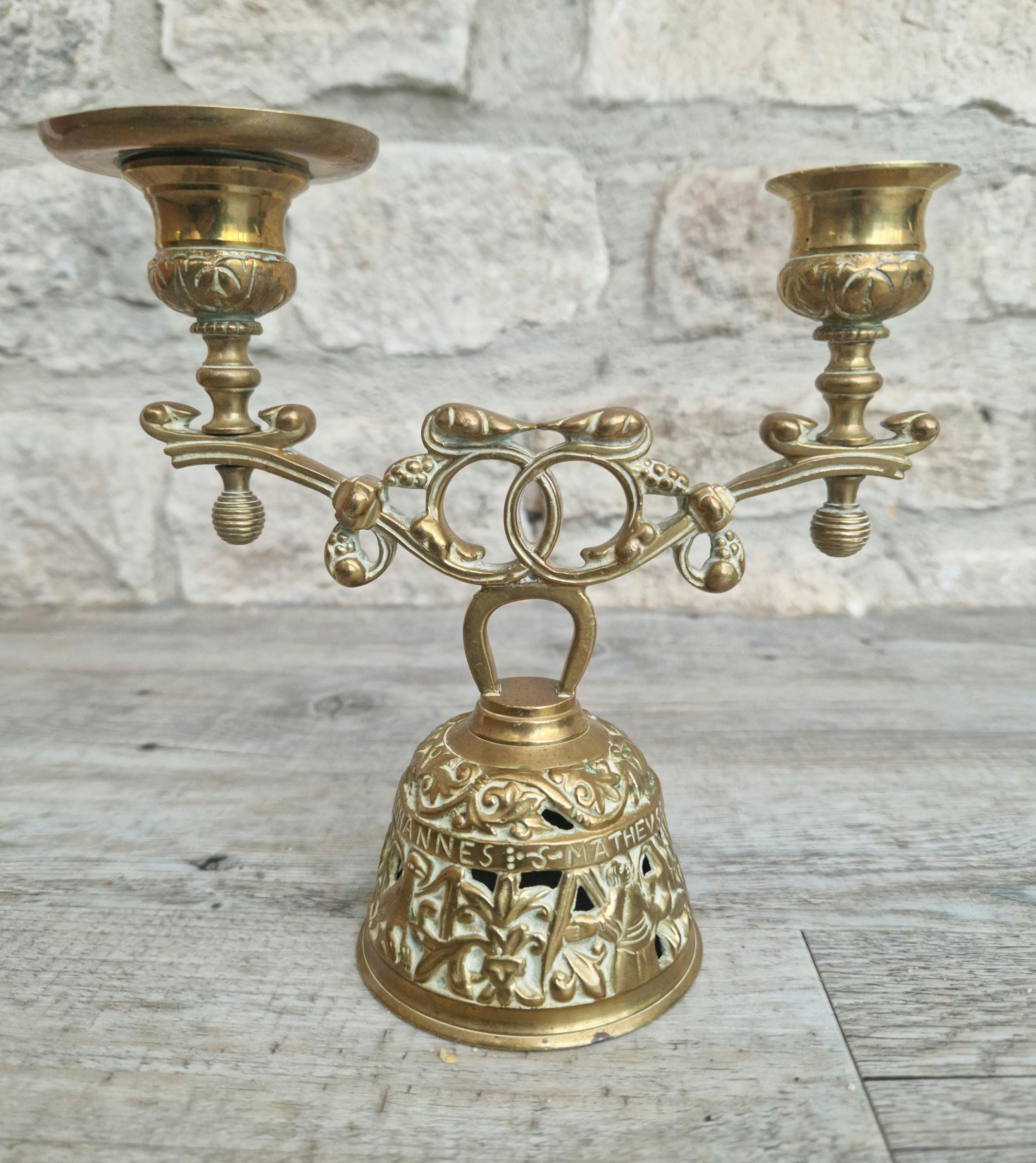 Brass Altar Bell Double Candle Holder With Pierced-Work Four Evangelists Names Antique