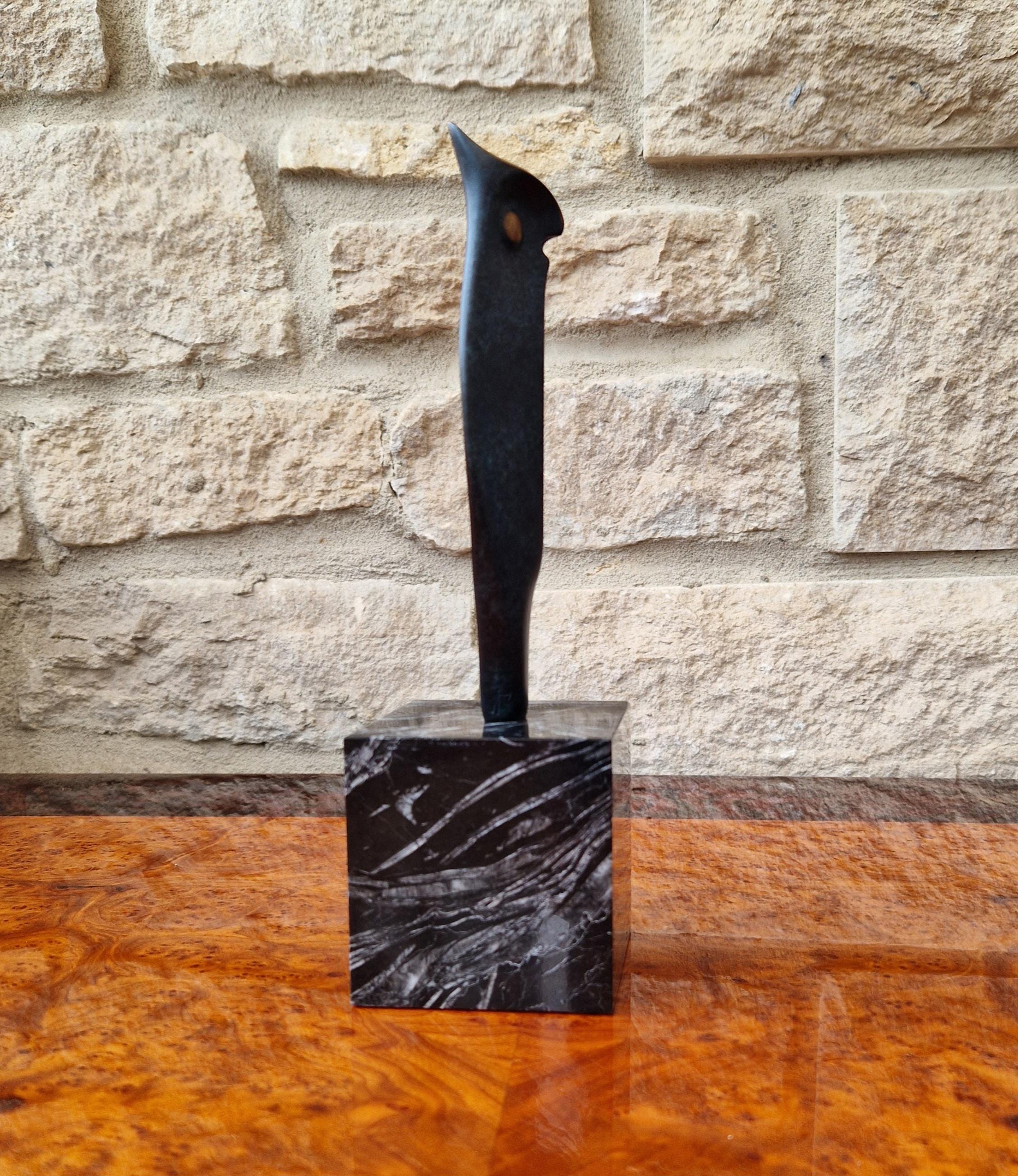 Vintage José Luis PEQUEÑO Sculpture Patinated Bronze Owl With Black Veined Italica Marble Plinth