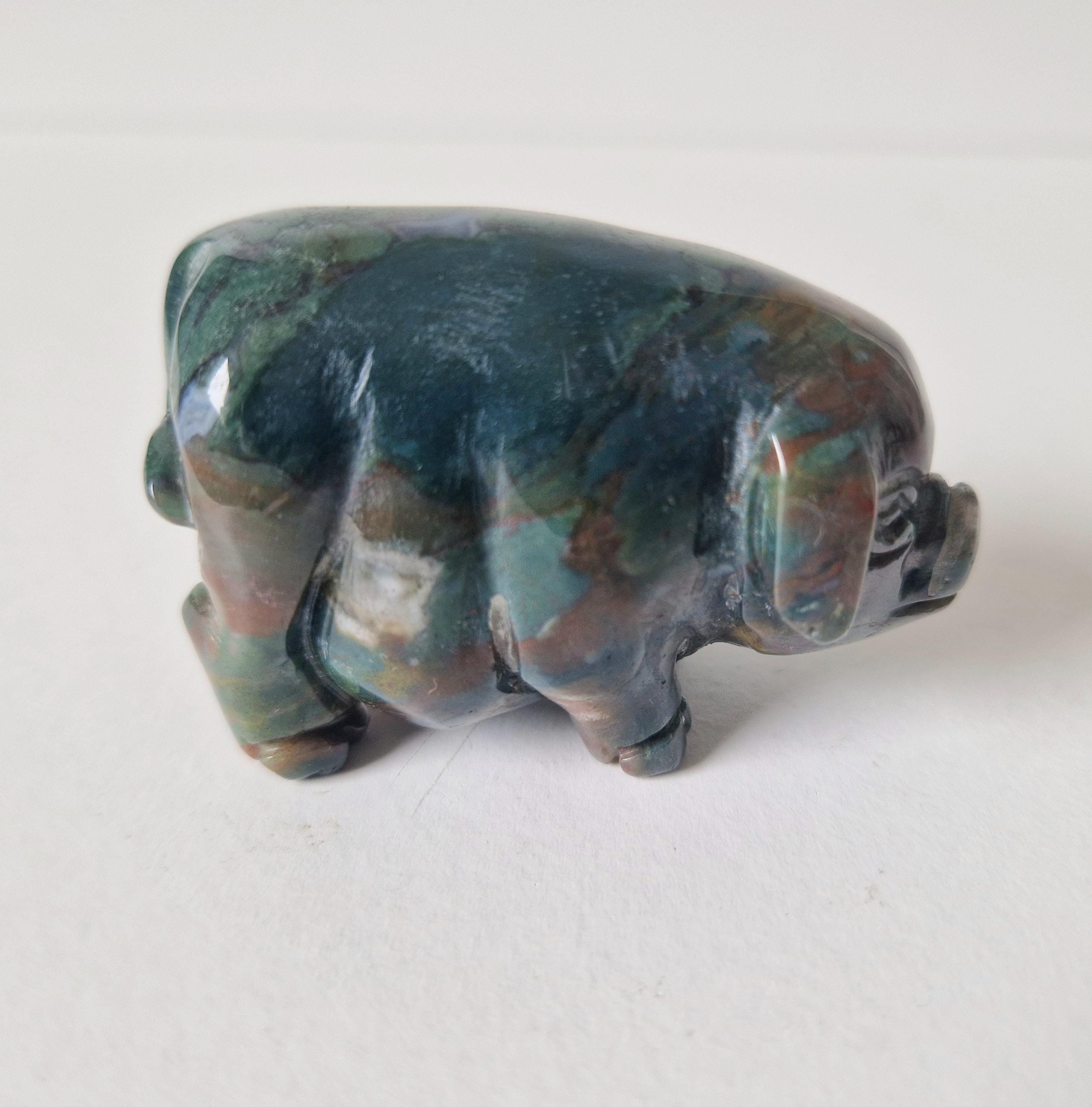 Vintage Fine Carved Moss Agate Standing Pig Figure Ornament 6.3cm