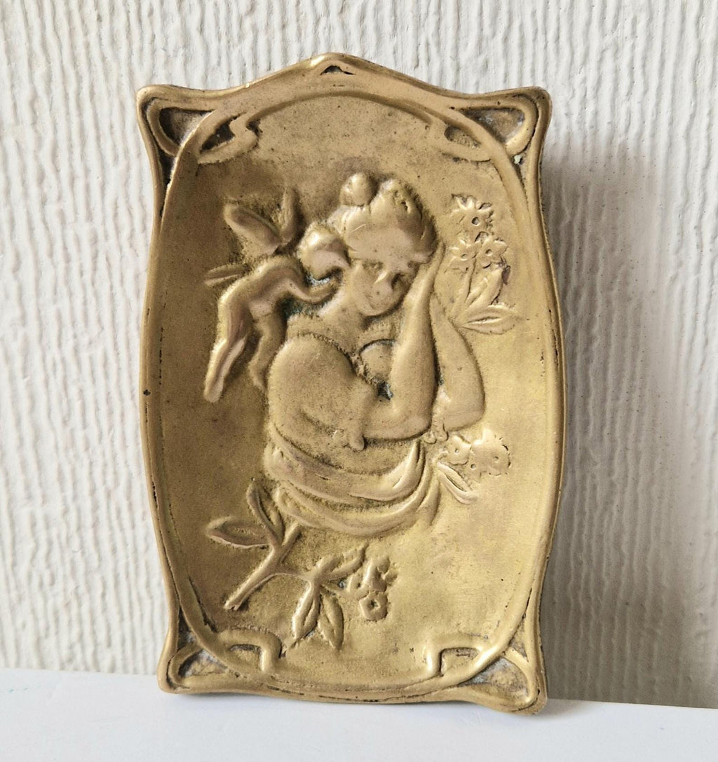 Antique Art Nouveau Jugendstil Heavy Cast Brass Sleeping Lady & Putti Pin Dish