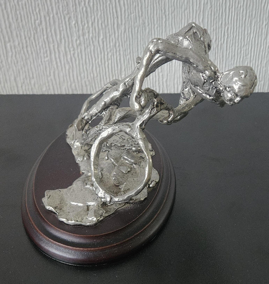 Vintage Pewter Biker Cyclist Sculpture Figure On Plinth Signed Handcrafted 1990s