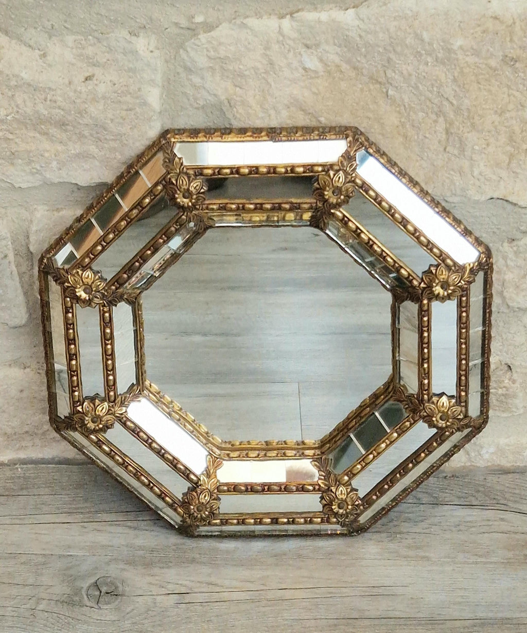 Vintage Small Octagonal Venetian Mirror Hollywood Regency Brass Floral Accents 29.5cm Italy 1970s
