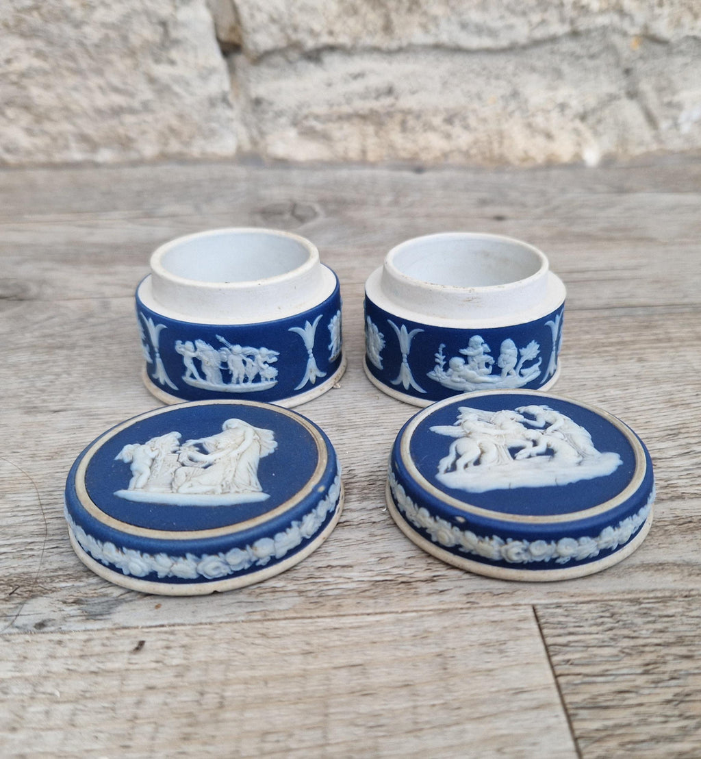 2 x Antique Wedgwood Neoclassical Dark Blue Jasperware Rouge Pot Patch Pot