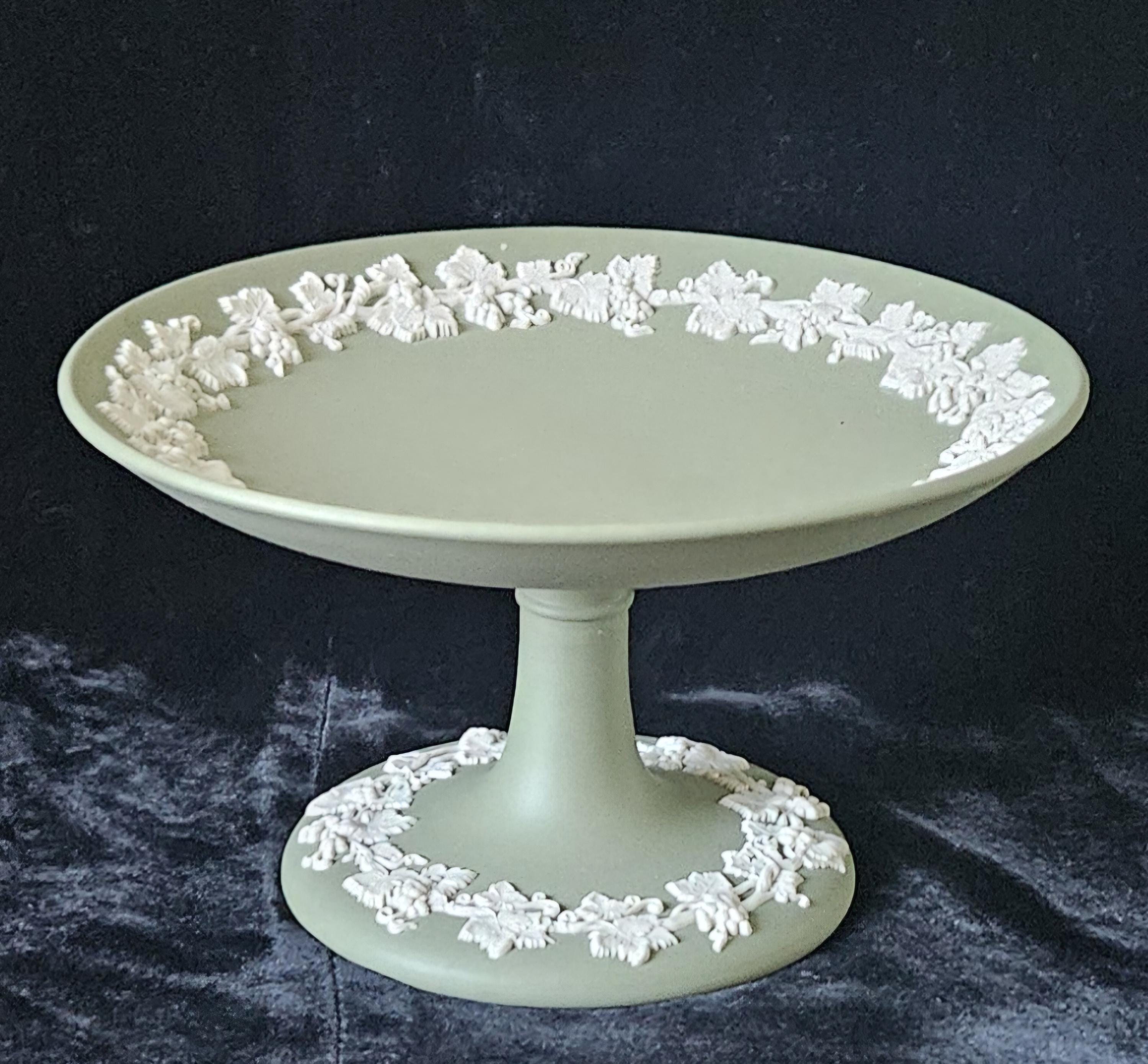 Vintage Wedgwood Sage Green Jasperware Pedestal Compote - Made in England