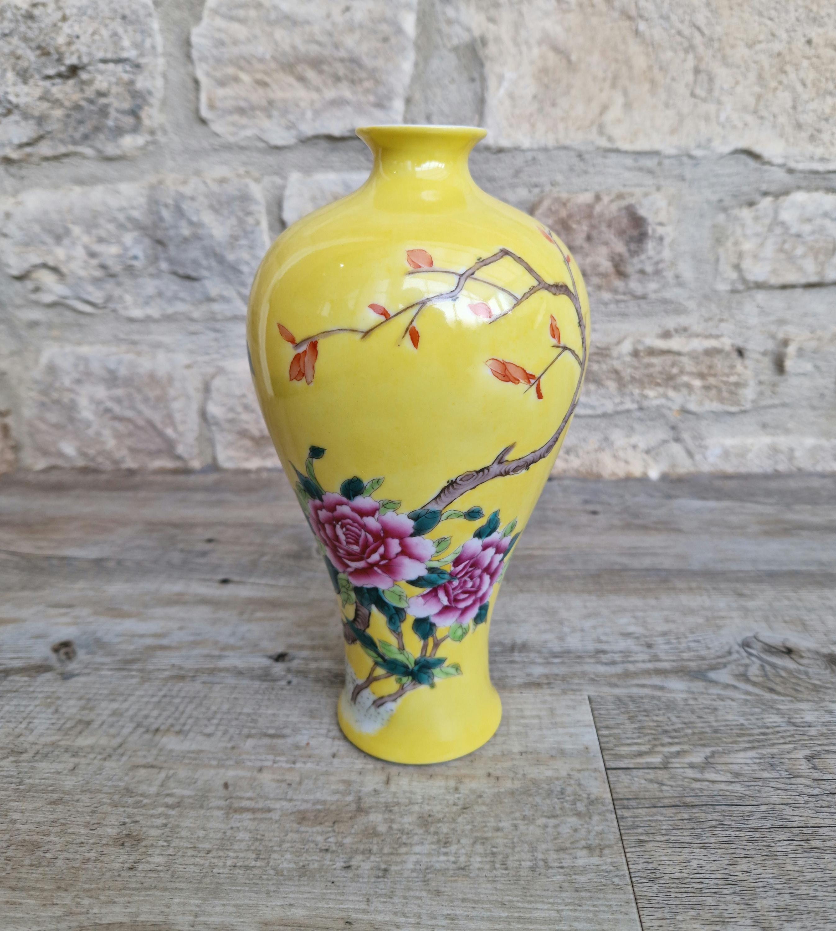 Vintage 20th C. Famille Rose Yellow Ground Meiping Porcelain Vase Hand Painted Peony Blooms