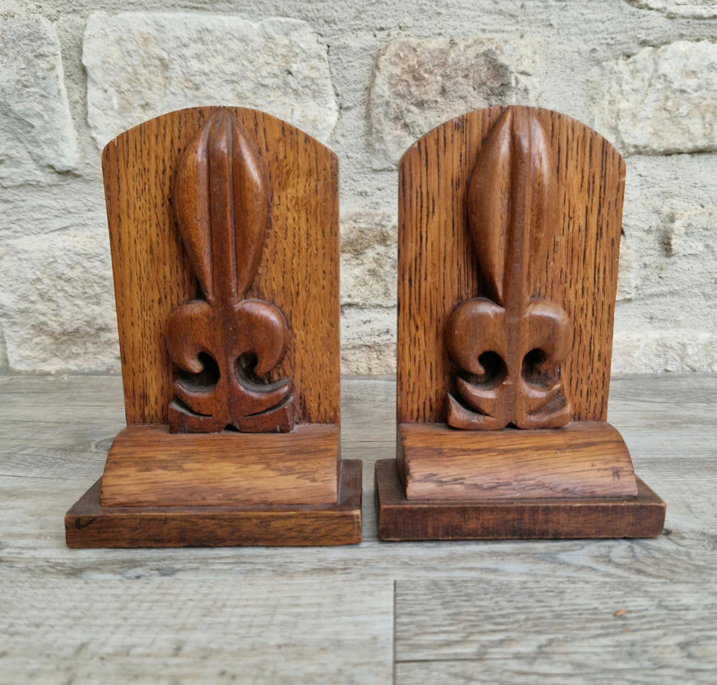 Hand-Carved Oak Arts & Crafts Fleur De Lis Book Ends