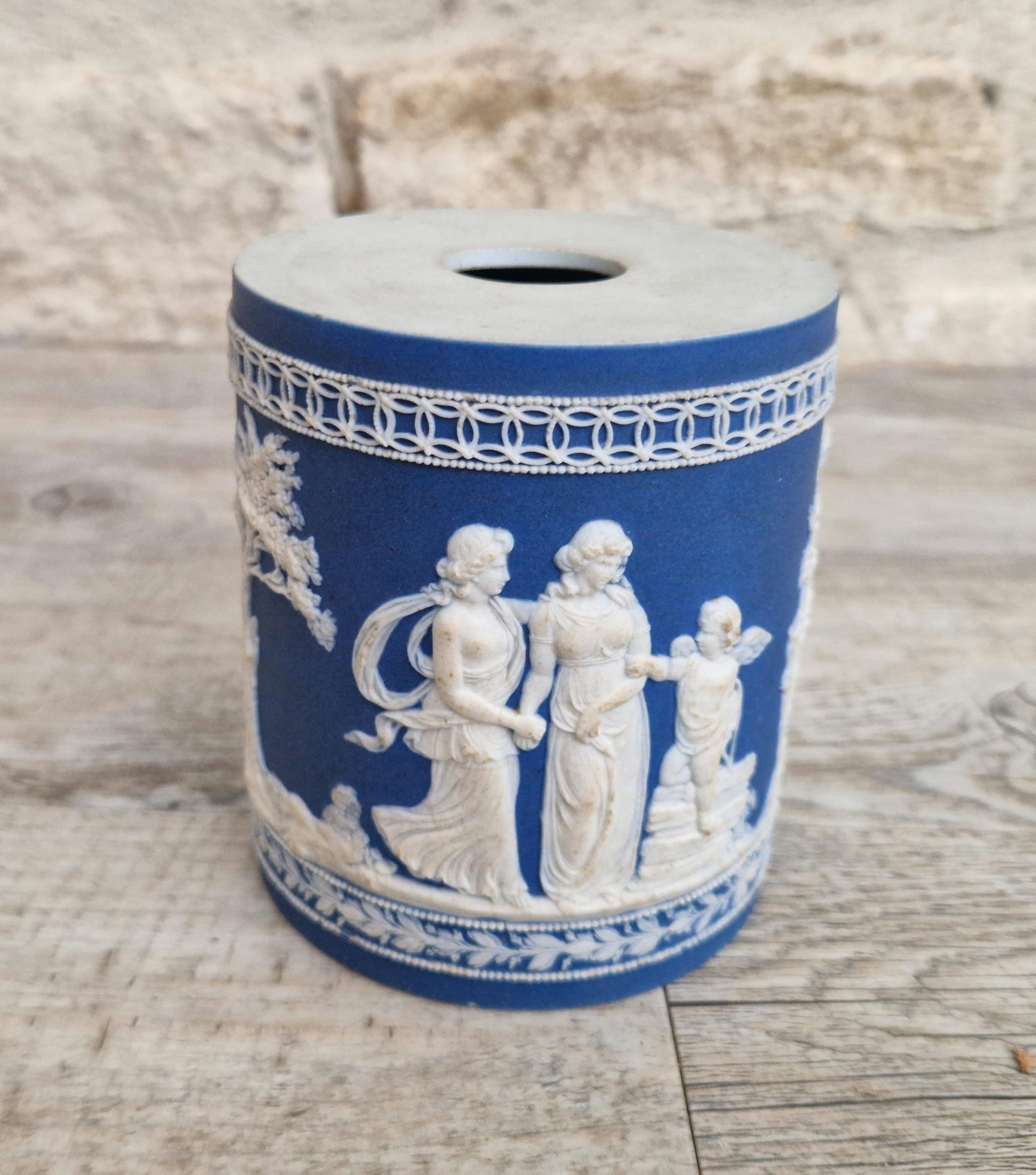 Antique Late 18th-Early 19th C. William Adams Jasperware Neoclassical Blue Sprigged Drum Vase Base