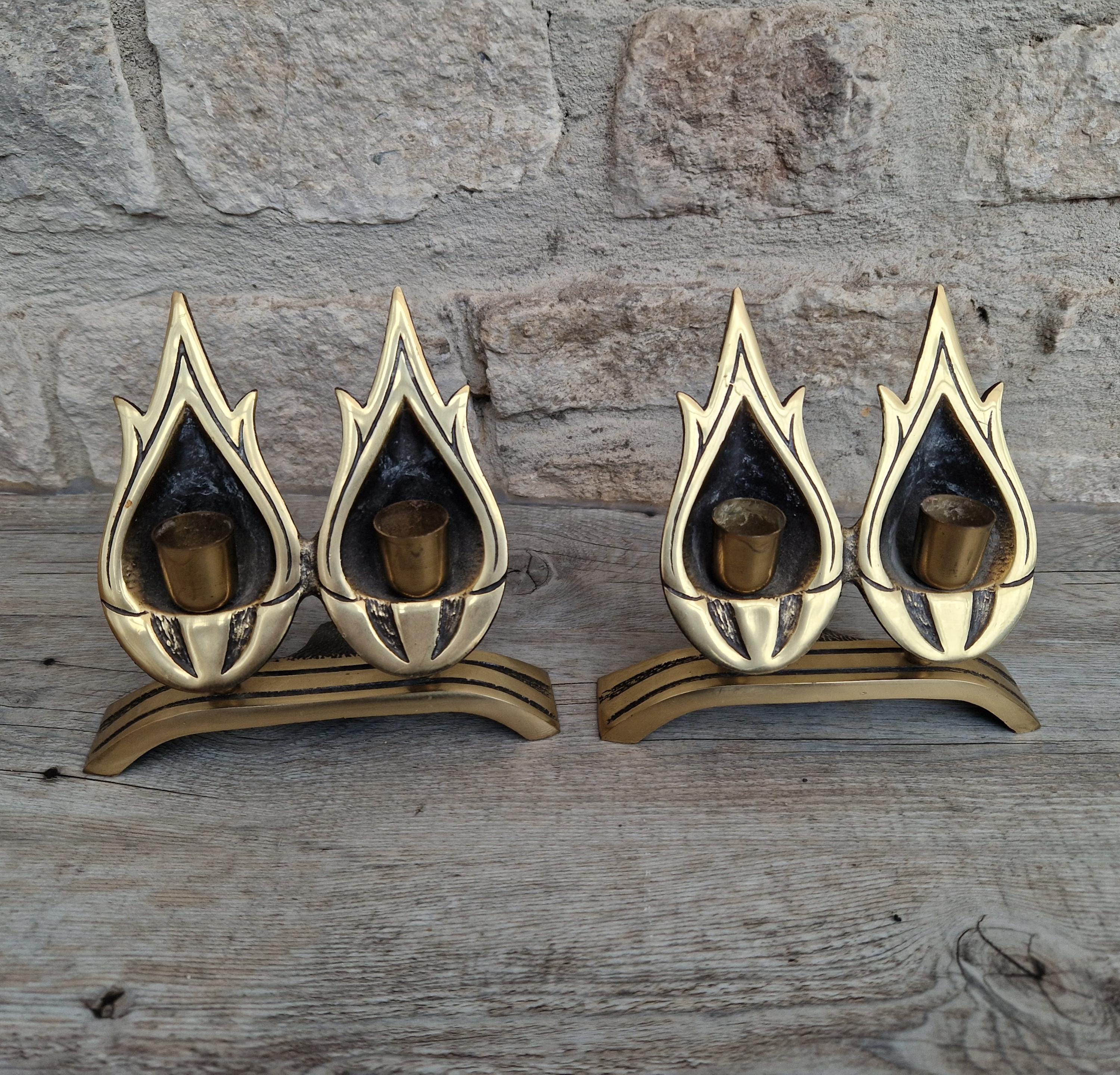 A Pair of Vintage Judaica Sabbath Double Flame Brass Candlestick Holders by Hen-Holon