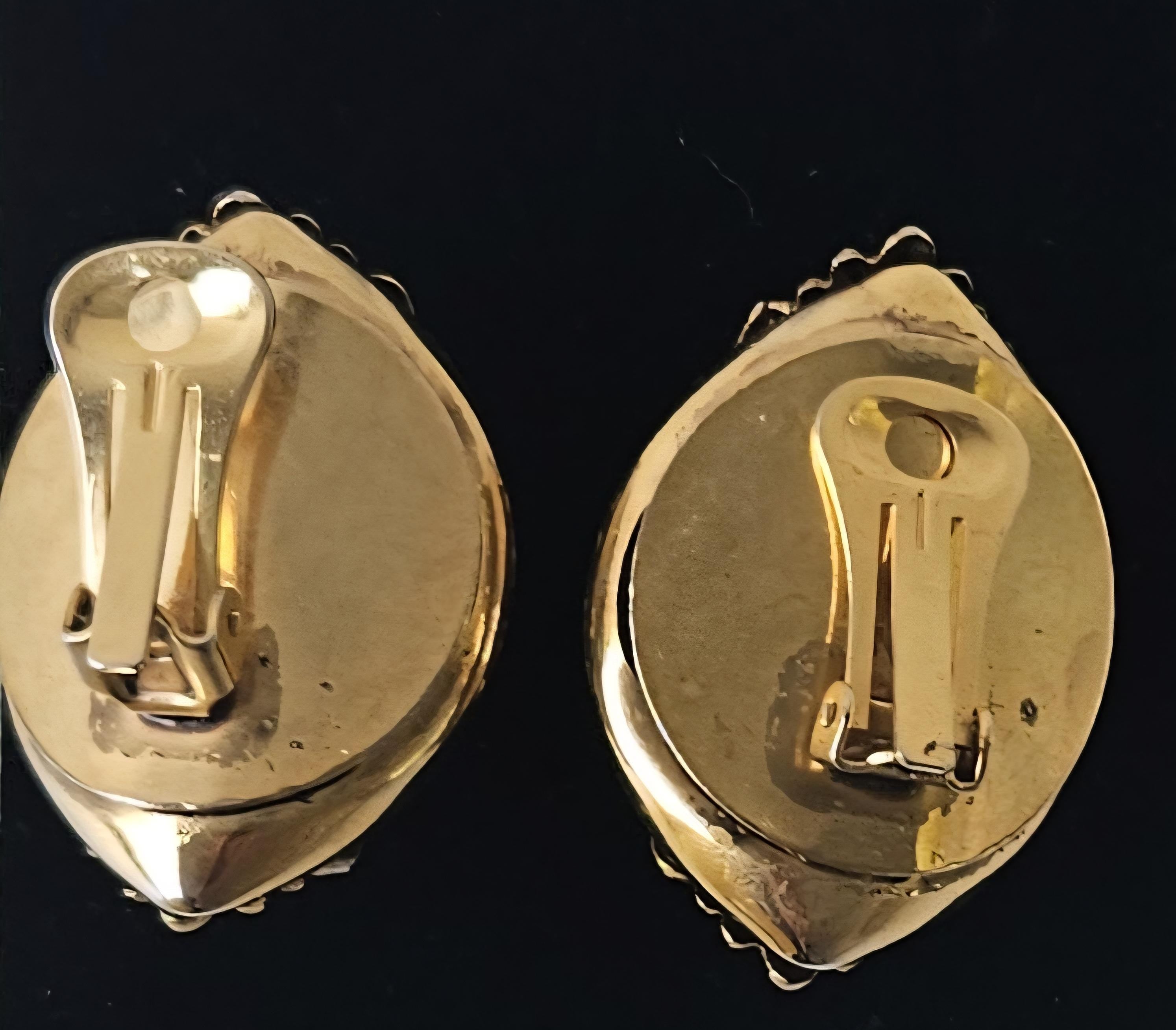 1980s Black Cabochon Clip-On Earrings: Gold Tone Statement Jewelry