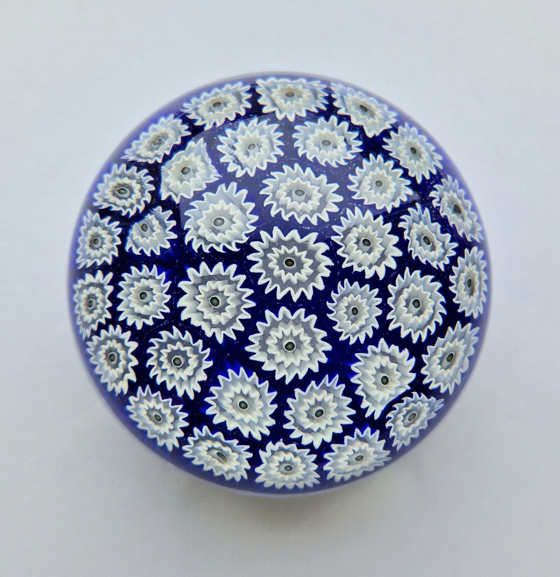 ALT Studio Murano Glass Deep Blue & White Star Flower Millifiore Paperweight