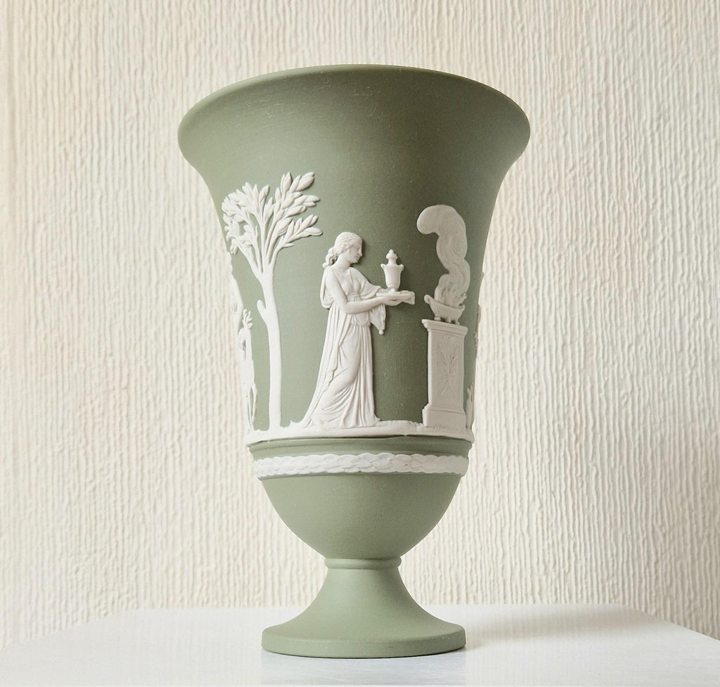 Wedgwood Sage Green Jasperware Arcadian Pedestal Trumpet Mantle Vase - Vintage.Made in England 17cm Tall