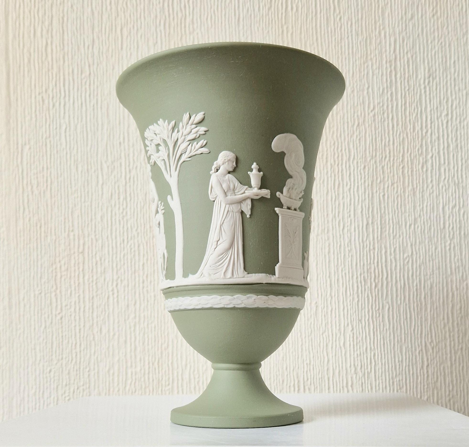 Wedgwood Sage Green Jasperware Arcadian Pedestal Trumpet Mantle Vase - Vintage.Made in England 17cm Tall