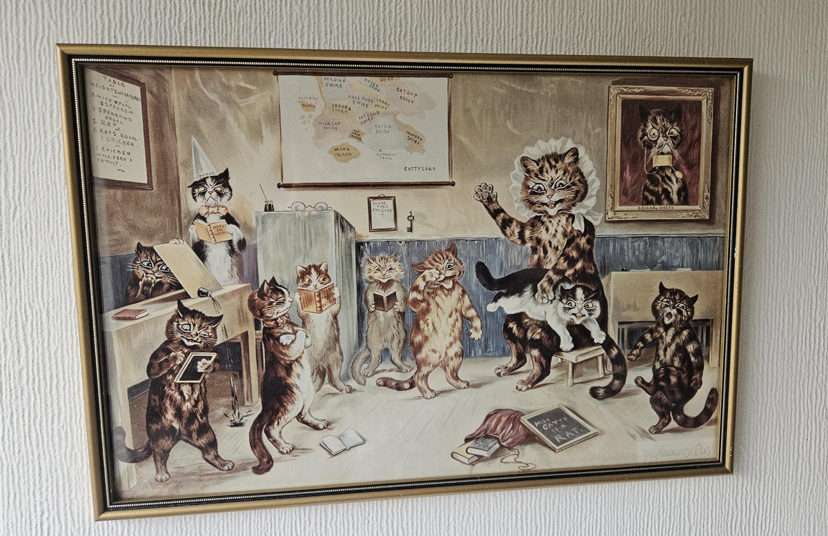 Original Vintage 1980s Lithograph Louis Wain "The Naughty Puss" Framed Picture 17" X 11.5"