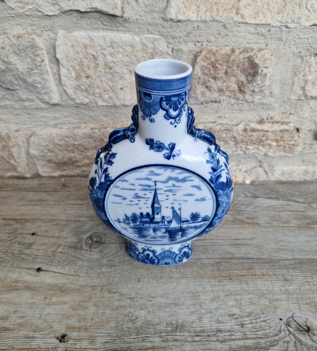 Vintage Dutch Delft Pottery Blue & White Moon Flask Vase River Scene 23cm