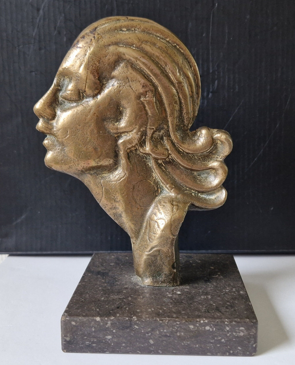 Art Deco Cast Bronze Girl's Head Profile Black Marble Mounted Desk Sculpture