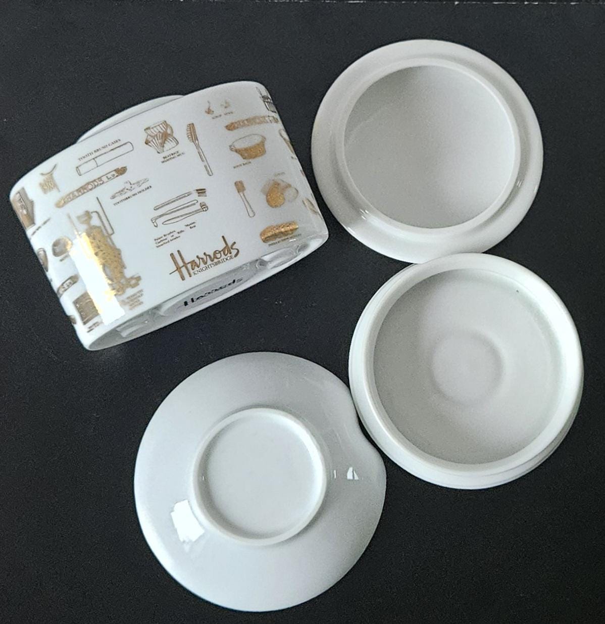Harrods London Ceramic Bathroom Set Toothbrush Holder, Trinket Dish and Lidded Pot Boxed