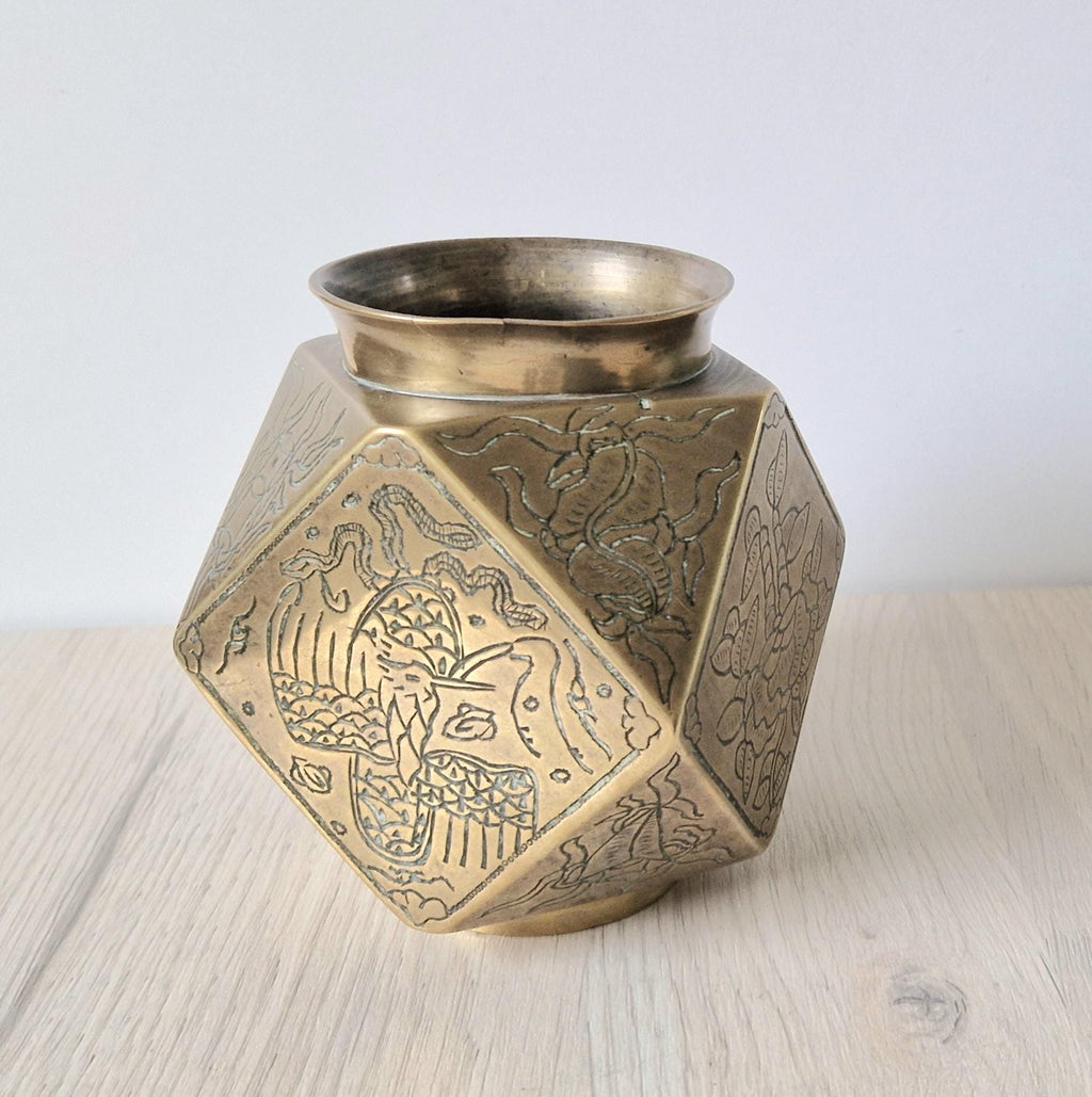 Antique Japanese Tetradecahedron Gilt Bronze Vase 14cm