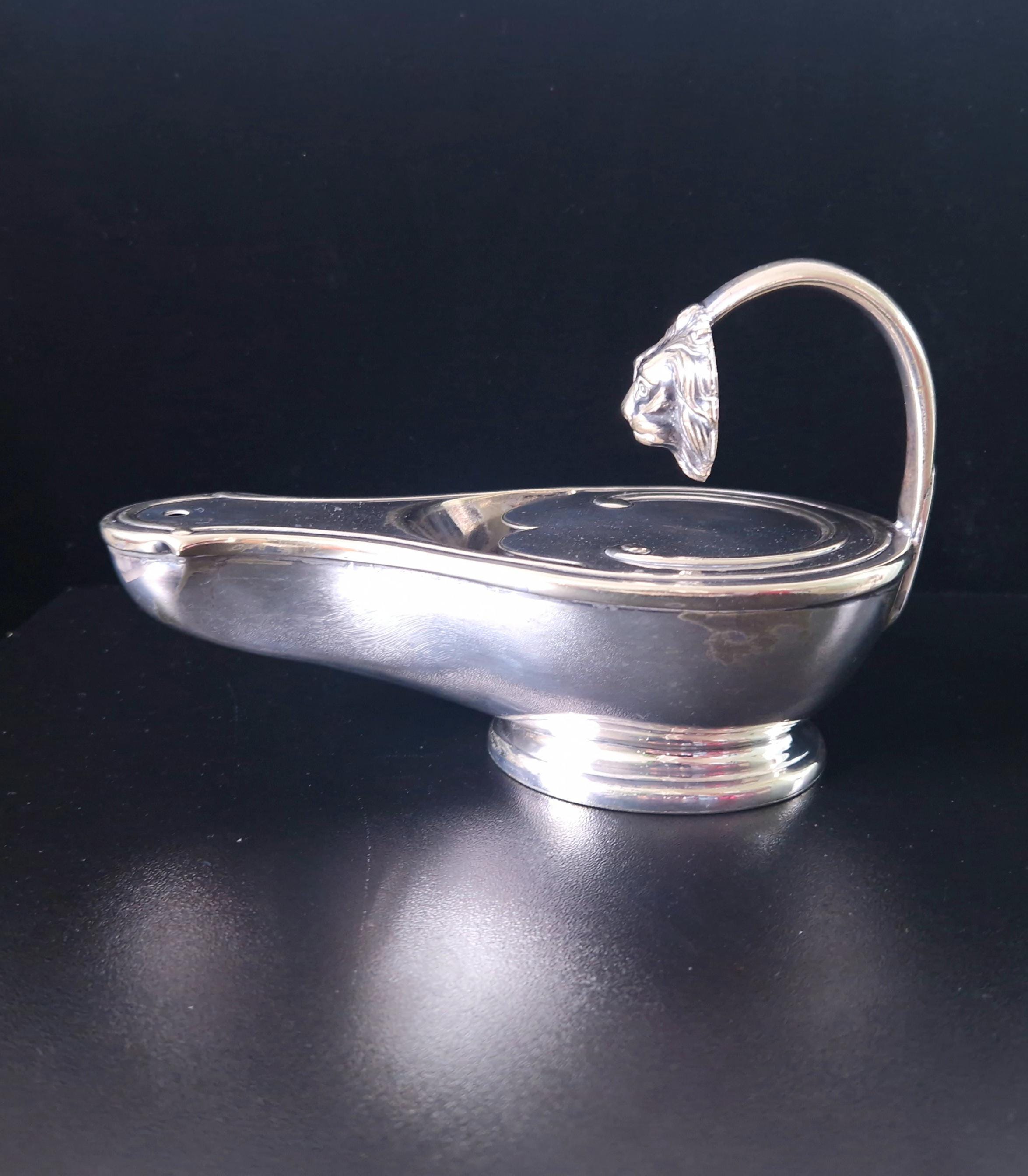 Victorian Silver Plated Brass Oil Lamp Style Lion Mask Handle Spoon Warmer