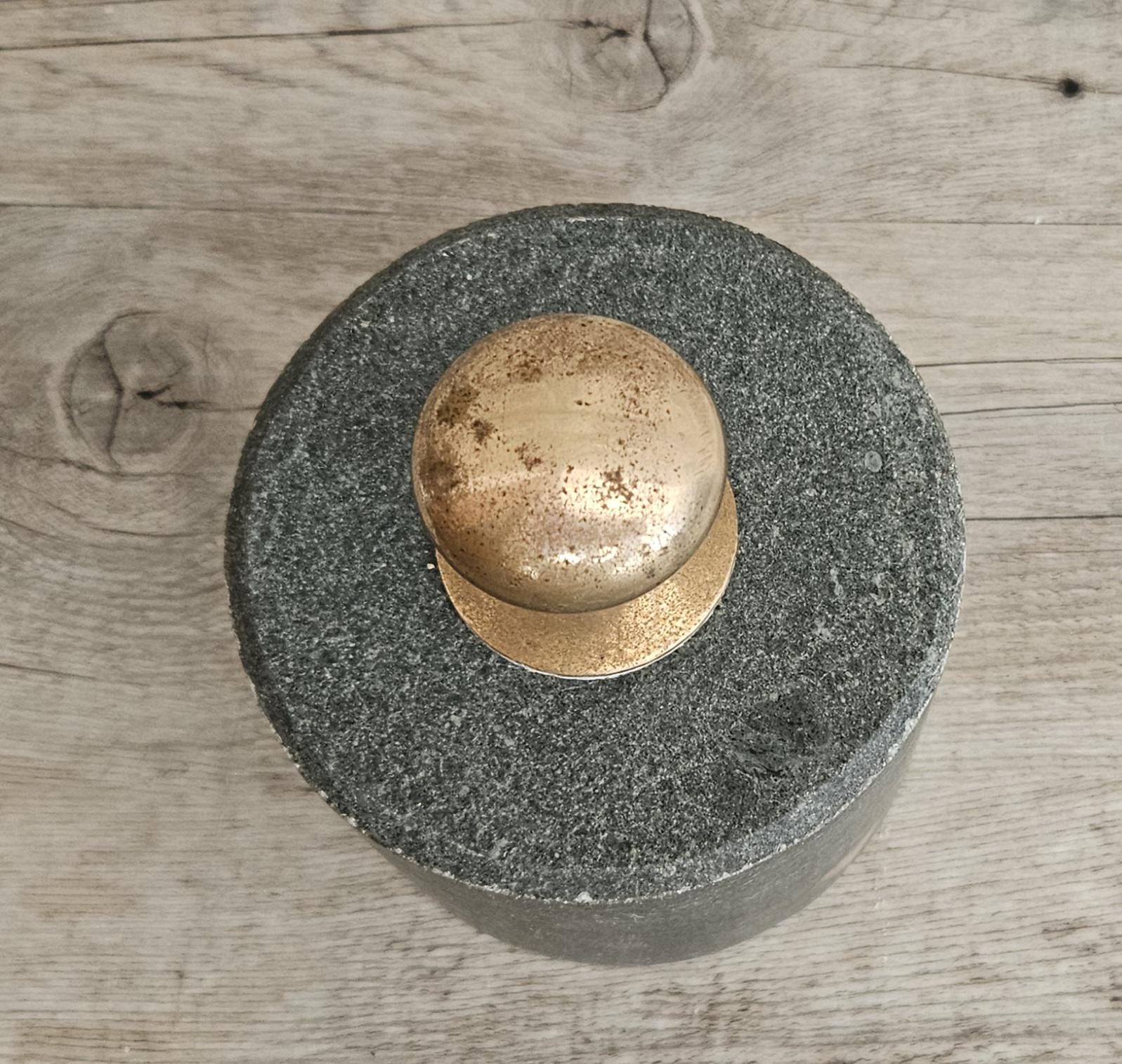 Original Mcm Green Stone Door Stop with Brass Handle Rustic Midcentury Circular Doorstop