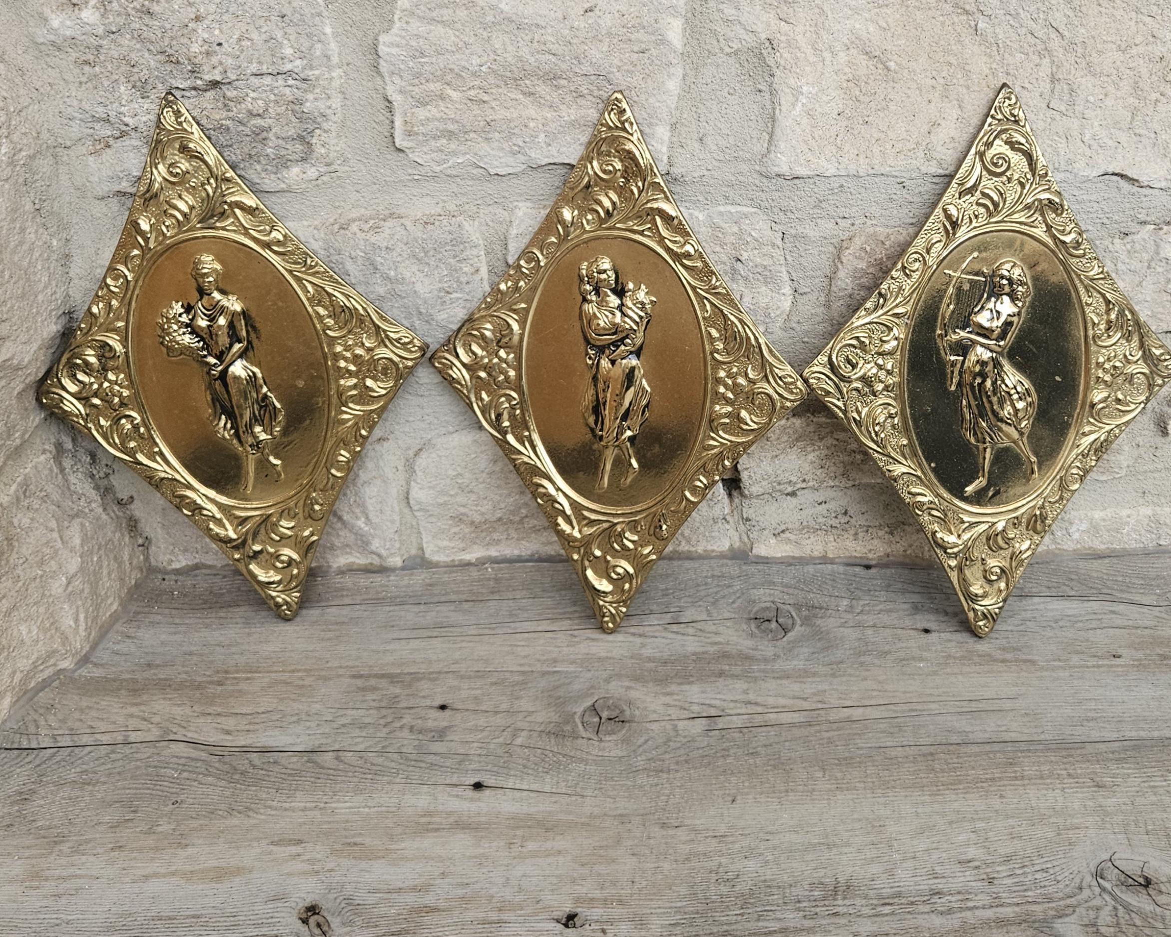 Vintage Set of 3 Brass Wall Decor, Diamond Shaped Repousse Women Brass Wall Plaques, Elpec Made in England Hollywood Regency