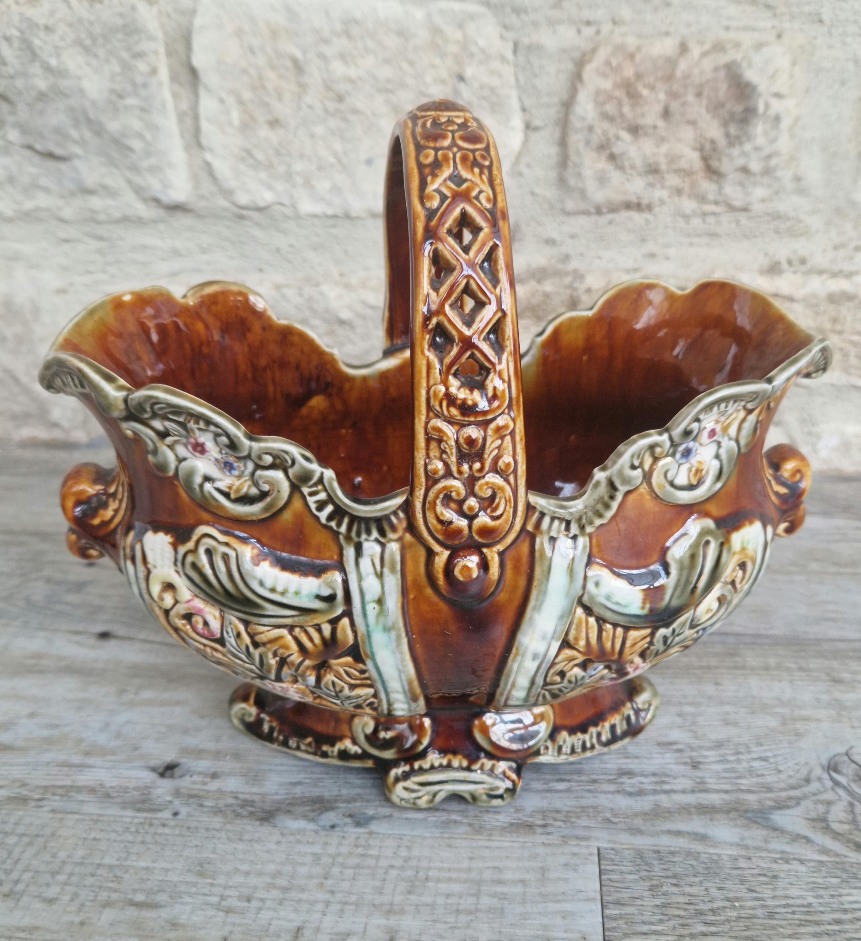 Antique Large Majolica Treacle Glaze Basket Planter Vase