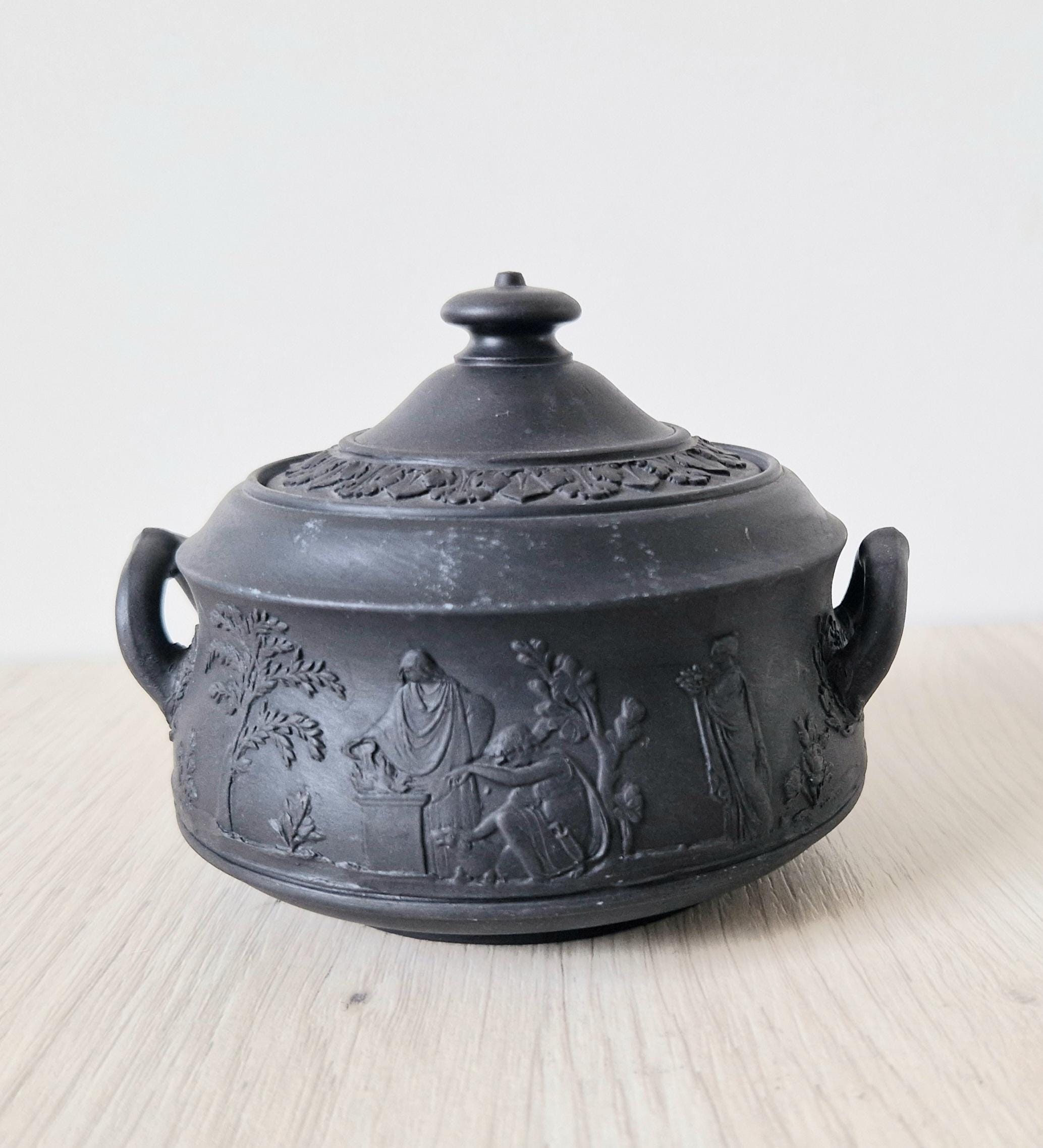 Vintage Black Basalt Wedgwood Neo-Classical Twin Handle Lidded Sugar Box