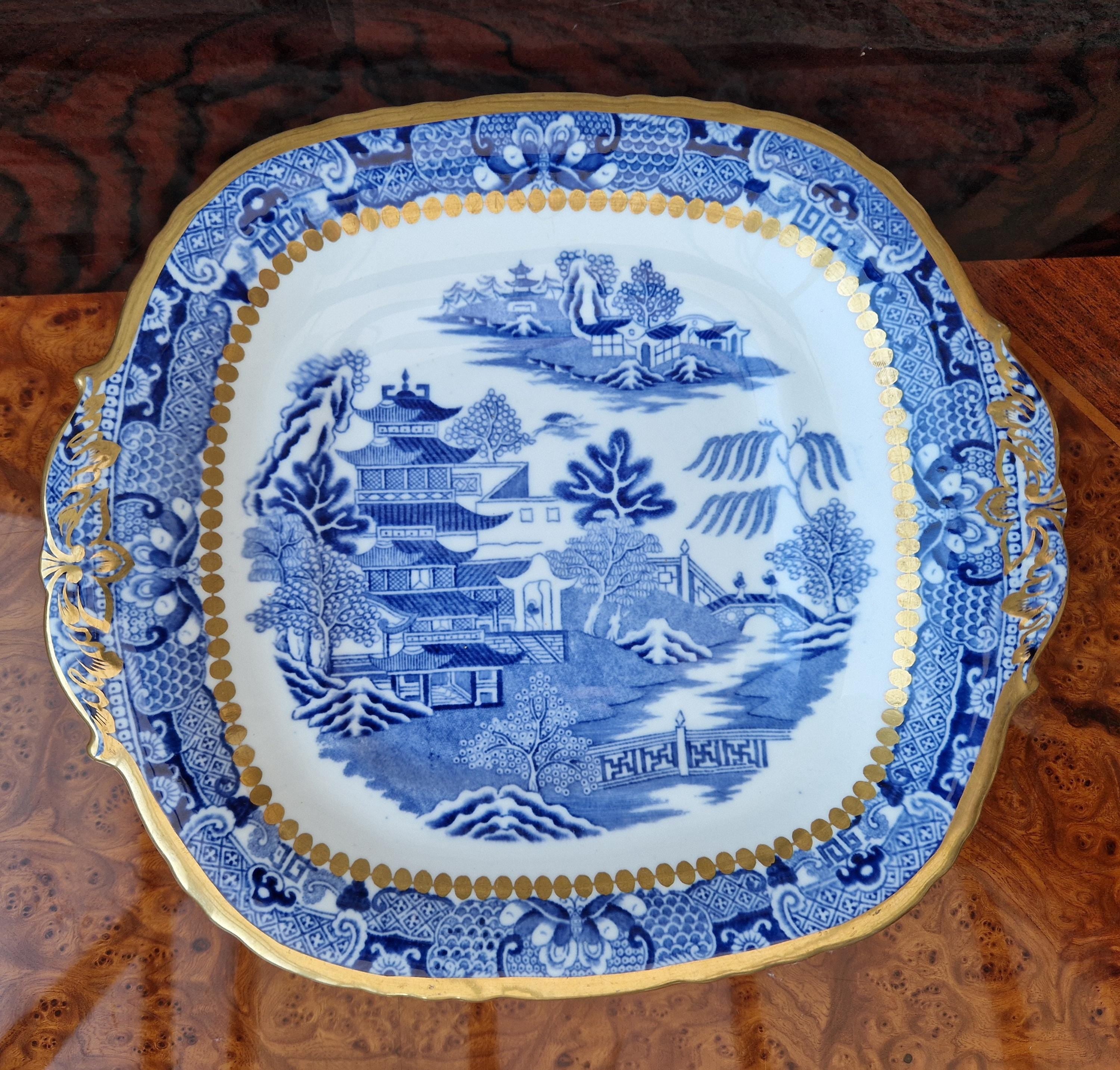 Davenport Longport England Blue & White Gilt Two Temples Porcelain Handle Platter c.1870-1886