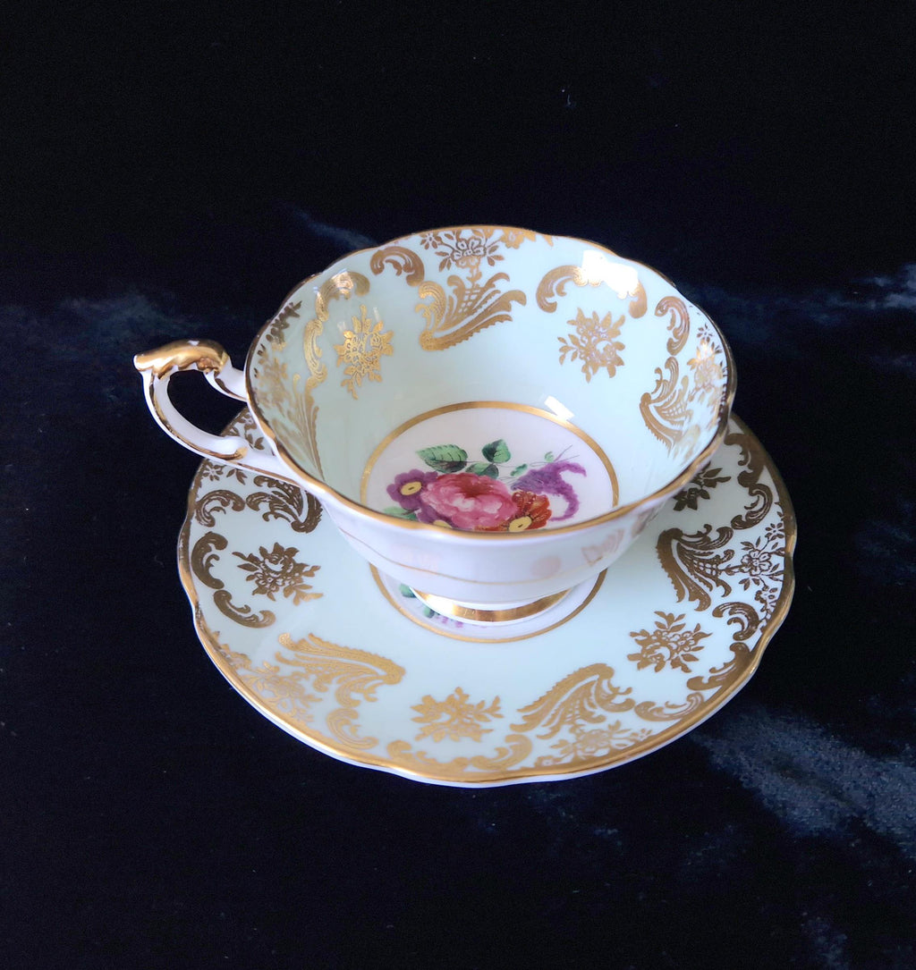 Paragon Mint Green Cabbage Rose Tea Cup & Saucer Set (4) Vintage Gold Gilt China