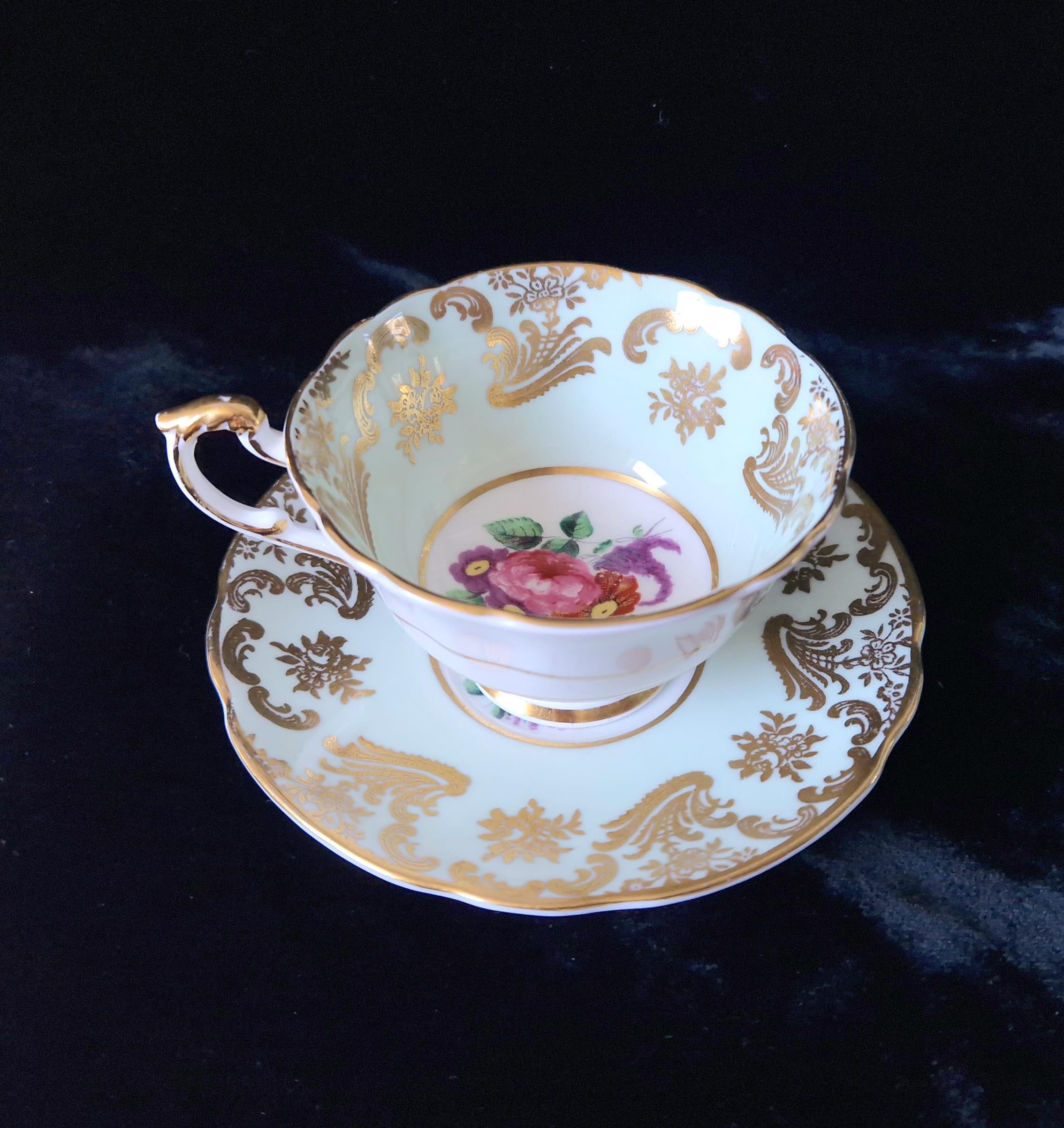 Paragon Mint Green Cabbage Rose Tea Cup & Saucer Set (4) Vintage Gold Gilt China