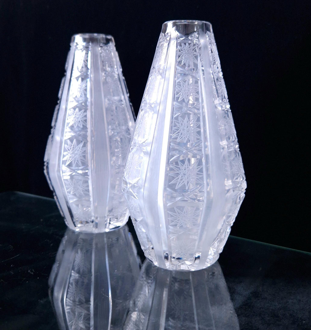 Antique Bohemian Crystal Vases: Queen Anne Lace Cut, Pair