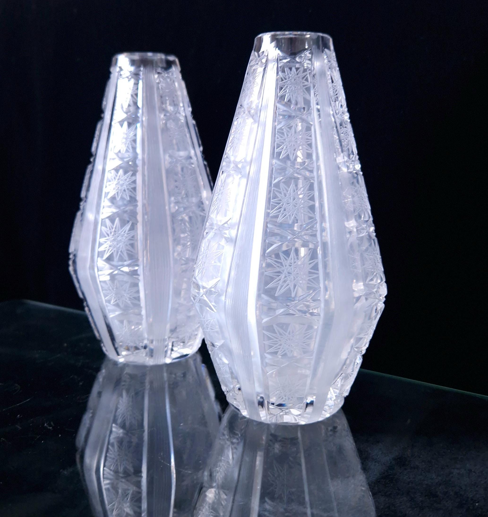 Antique Bohemian Crystal Vases: Queen Anne Lace Cut, Pair