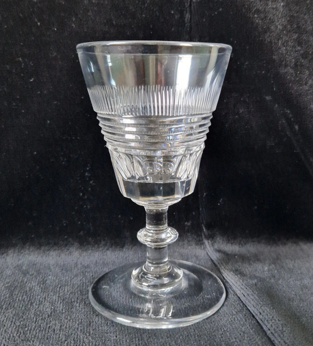 Early 19th C. Wine Glass Slice Blaze & Prism Cut Bowl Medial Blade Knop Stem