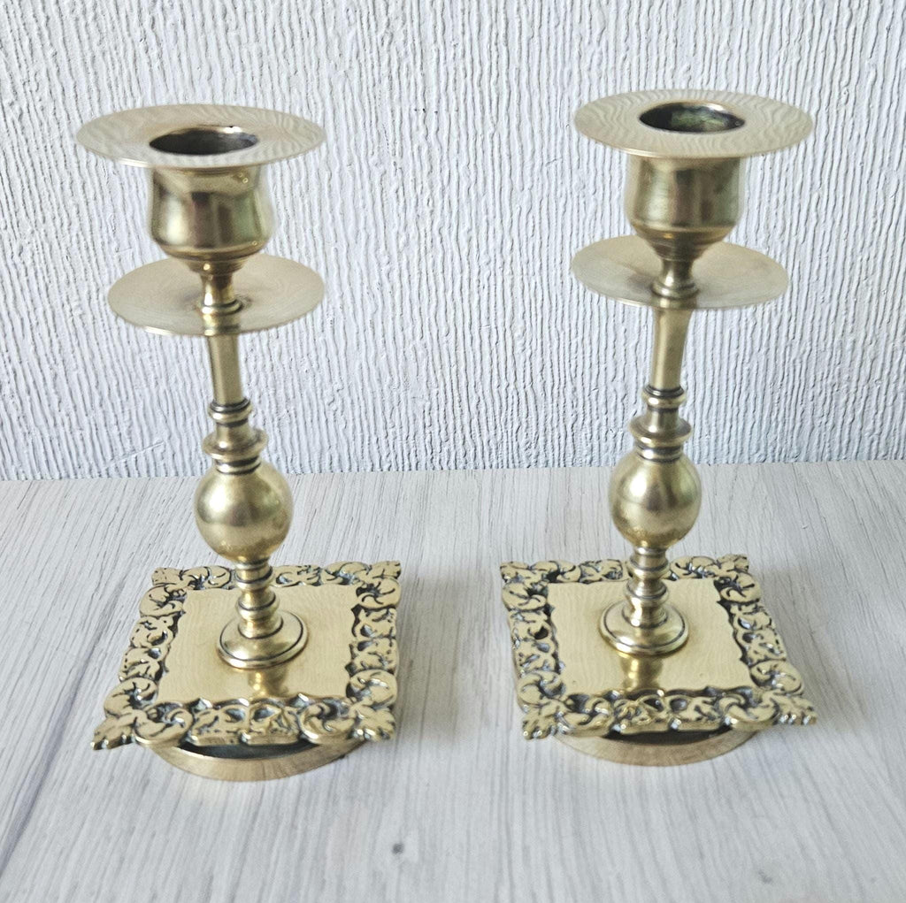 Vintage Small Ornate Brass Candlesticks Matching Pair of Gold Brass Heavy Quality 14cm Tall