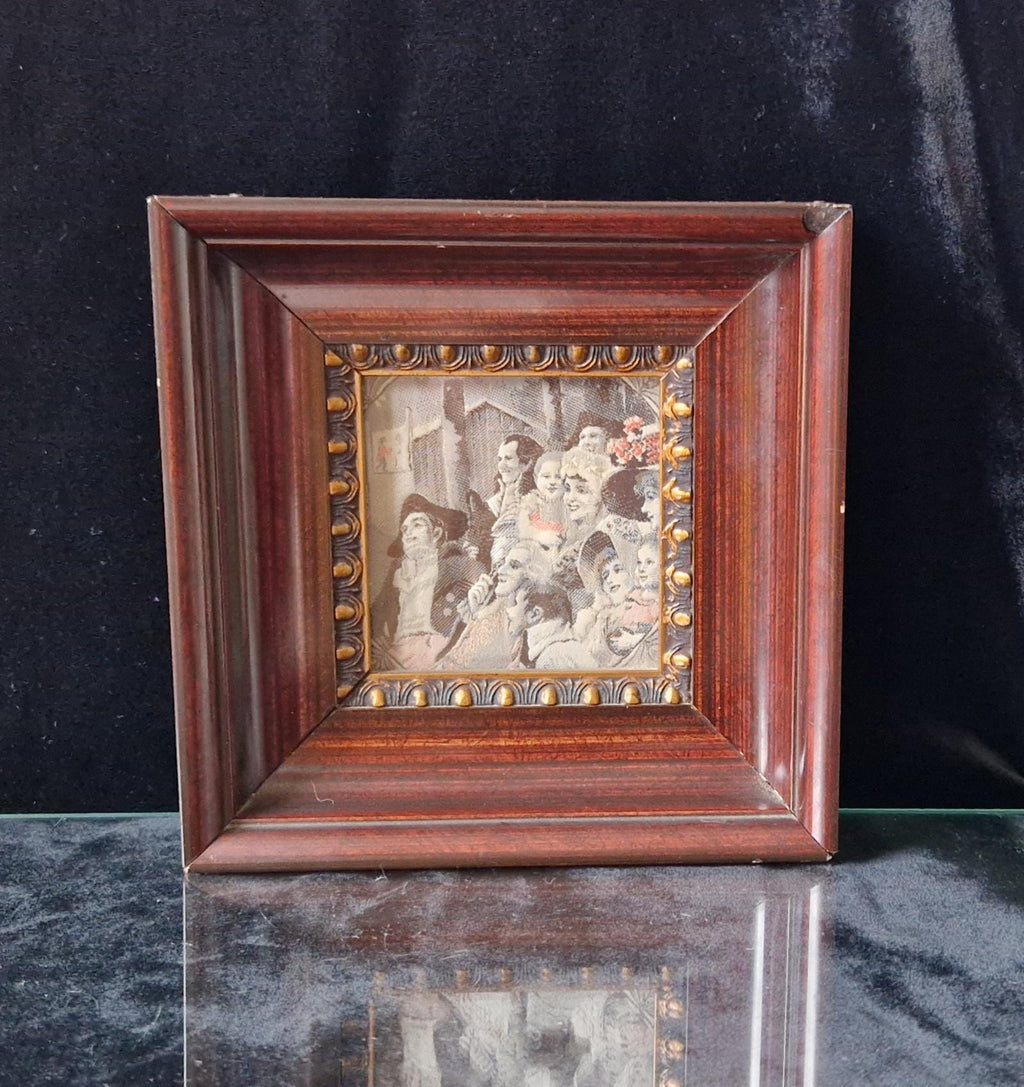 Fine Victorian Woven Silk Framed & Mounted Miniature Artwork 'Georgian Audience' Very Rare.