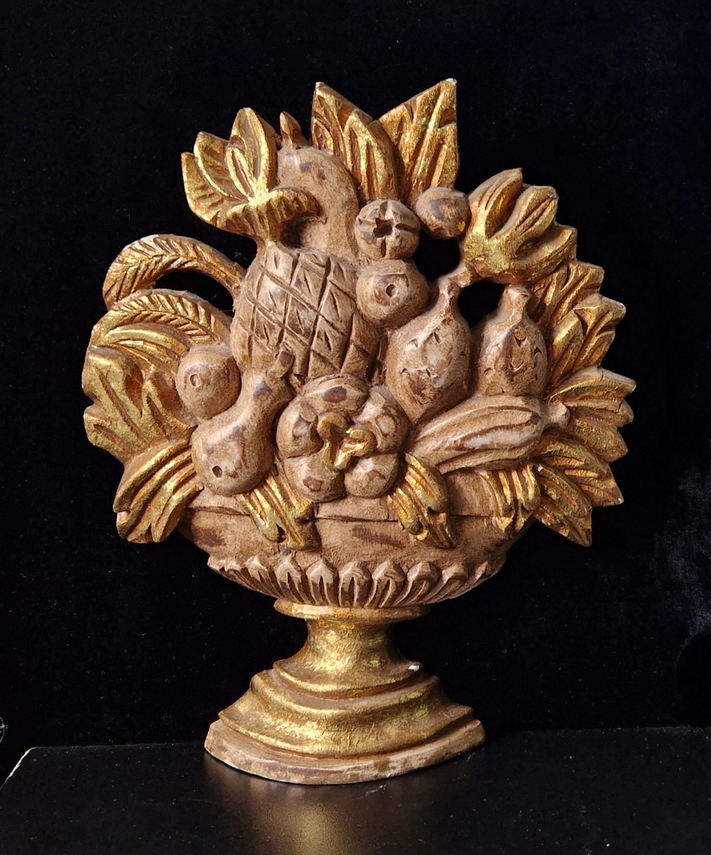 Vintage Carved Gilt Wood Fruit Basket Ornate Decorative Wall Plaque 29cm