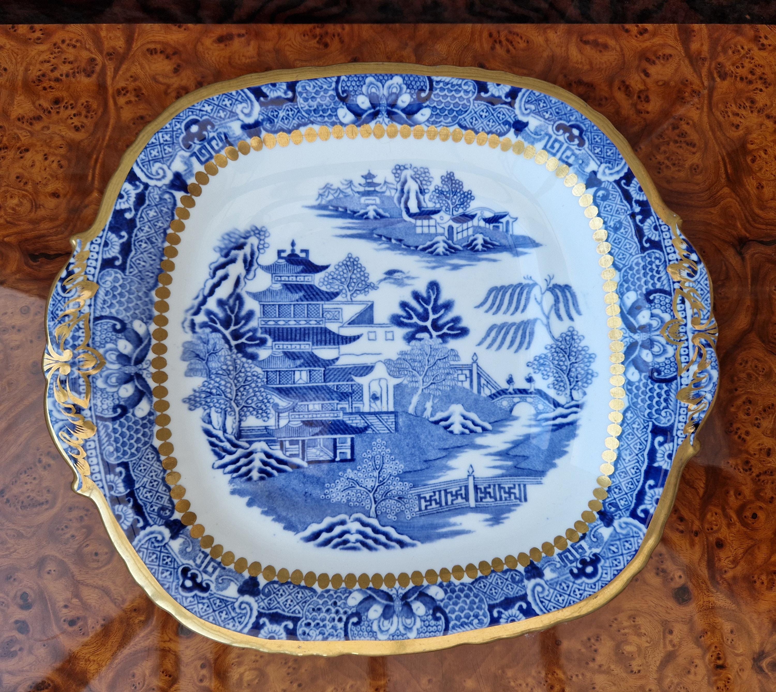 Davenport Longport England Blue & White Gilt Two Temples Porcelain Handle Platter c.1870-1886