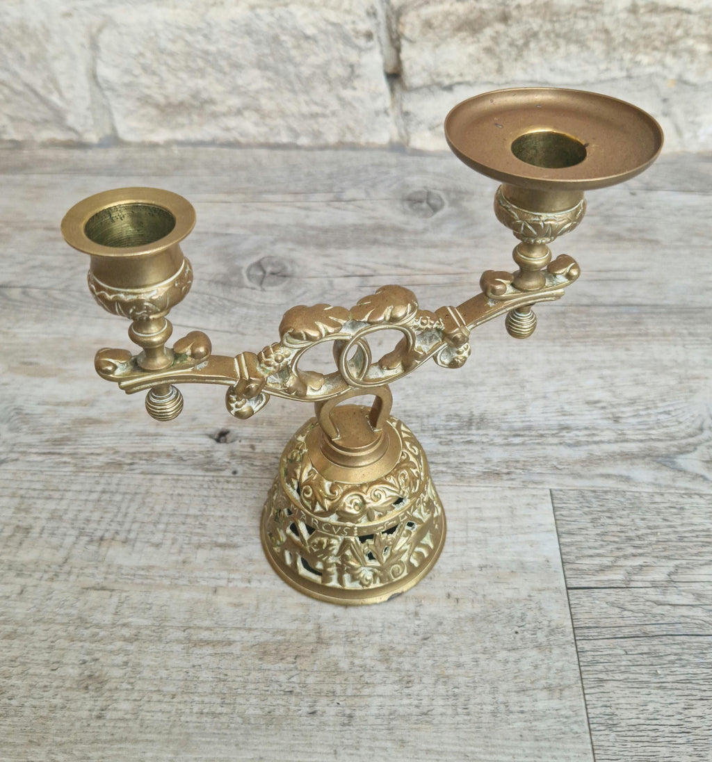 Brass Altar Bell Double Candle Holder With Pierced-Work Four Evangelists Names Antique