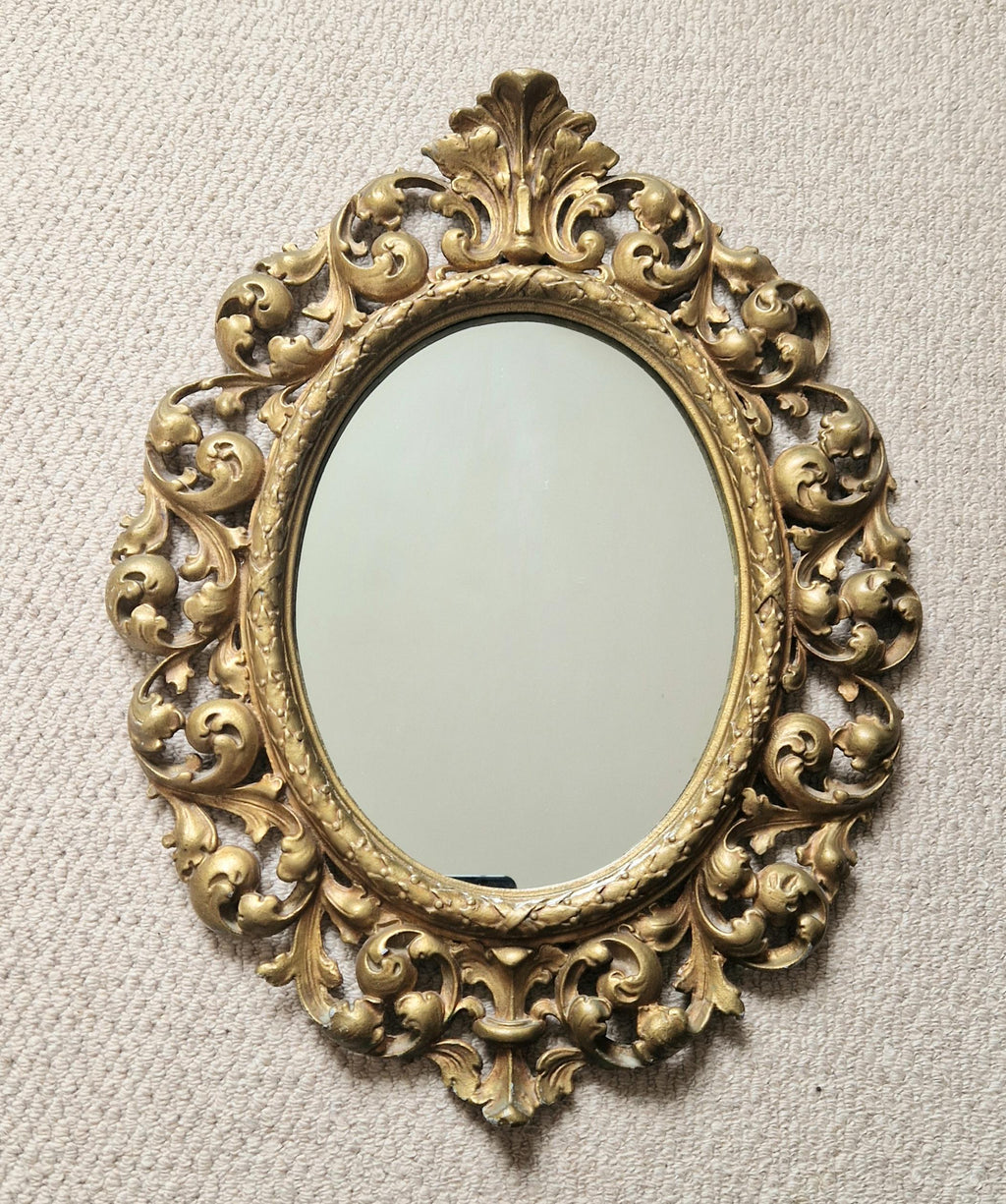Vintage Heavy Gilt Cast Metal Ornate Rococo Oval Wall Mirror 47.5cm