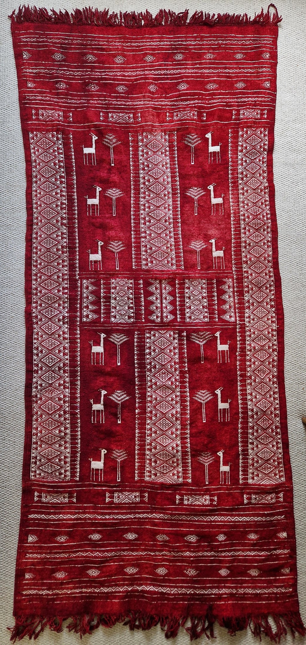 Antique Tunisian Wedding Shawl: Woven Wool Blanket, Animal Motifs, Tribal Art