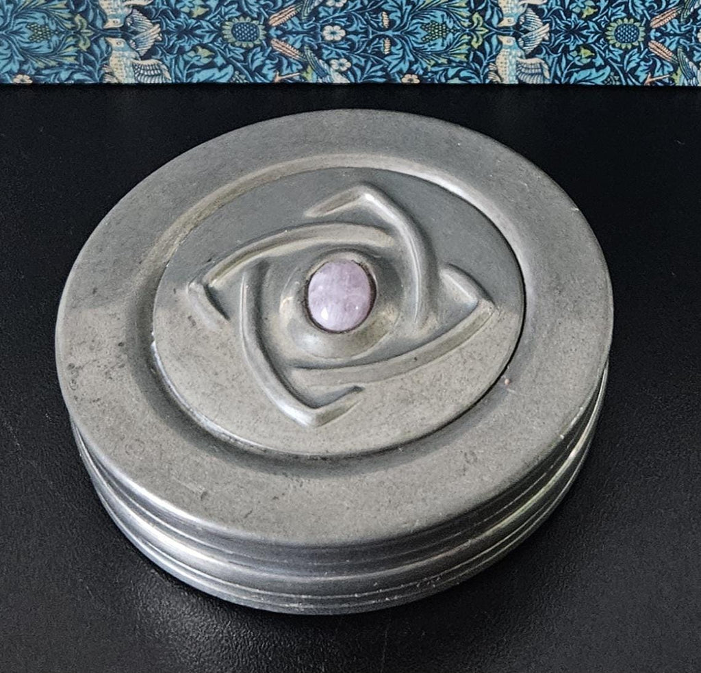 Pewter Art Nouveau Style Trinket Pot Sasha Bowles England signed .Trinket Pot polished Gemstone Inlay