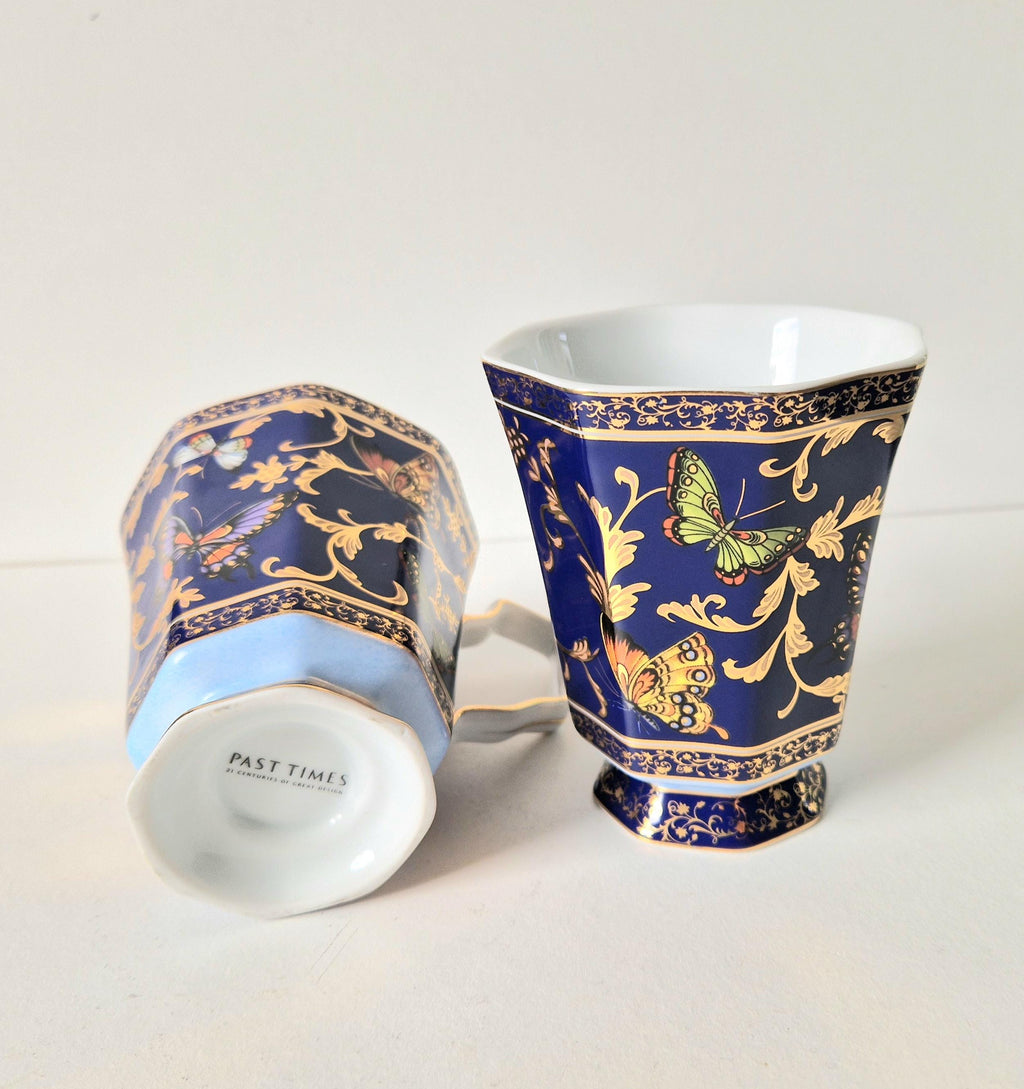 Vintage Butterfly Mugs Past Times Dark Blue & Gold, Set of 2