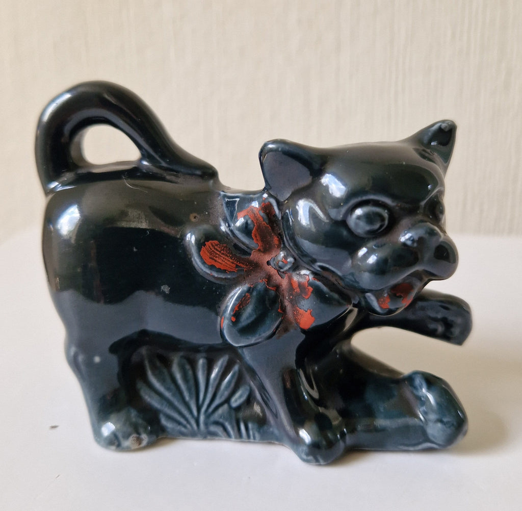 Rare Antique Glazed Pottery Dog Table Match Holder Strike Underglaze Inscription