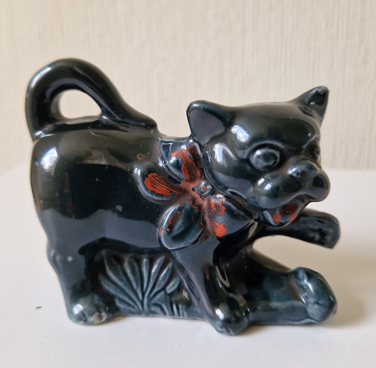 Rare Antique Glazed Pottery Dog Table Match Holder Strike Underglaze Inscription