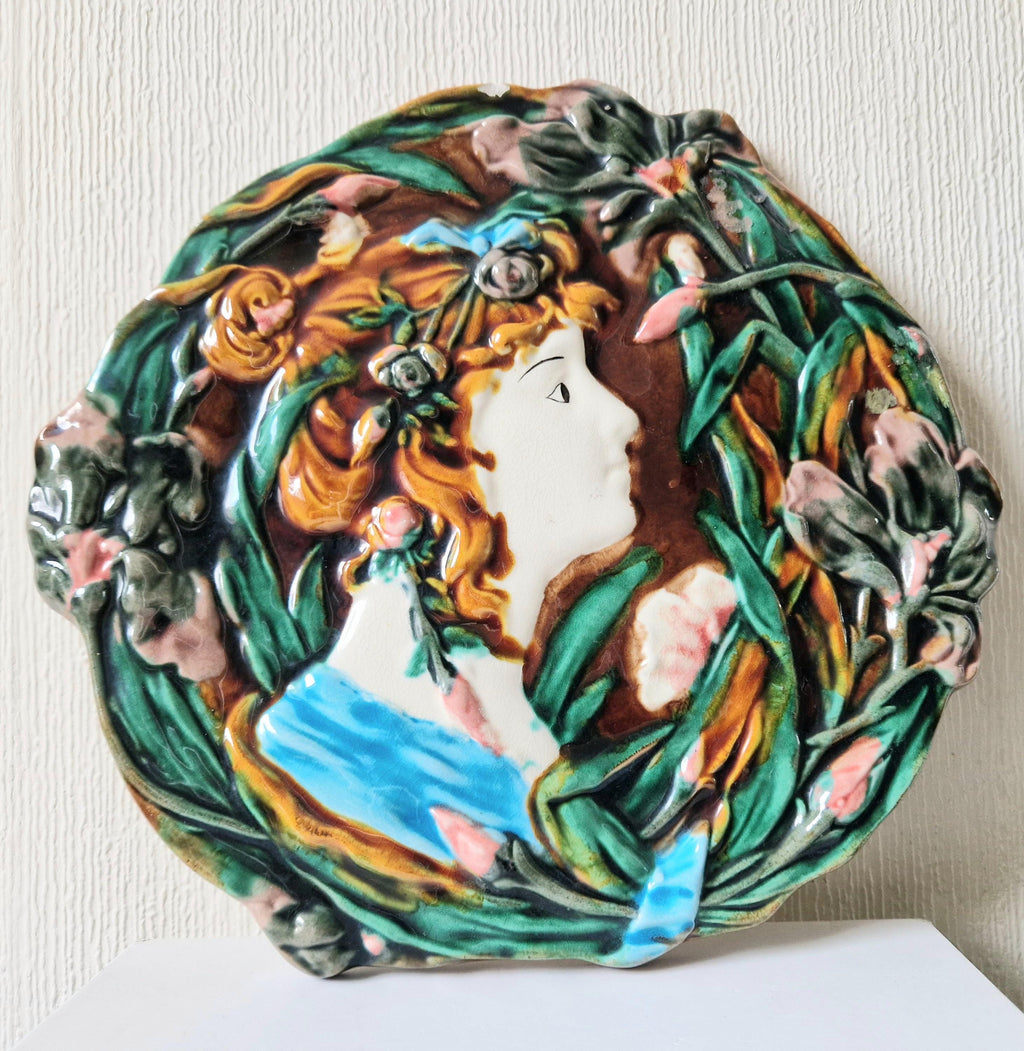 Antique Majolica Floral Blue Dress Lady Art Nouveau Handpainted Ceramic Wall Plaque Roundel