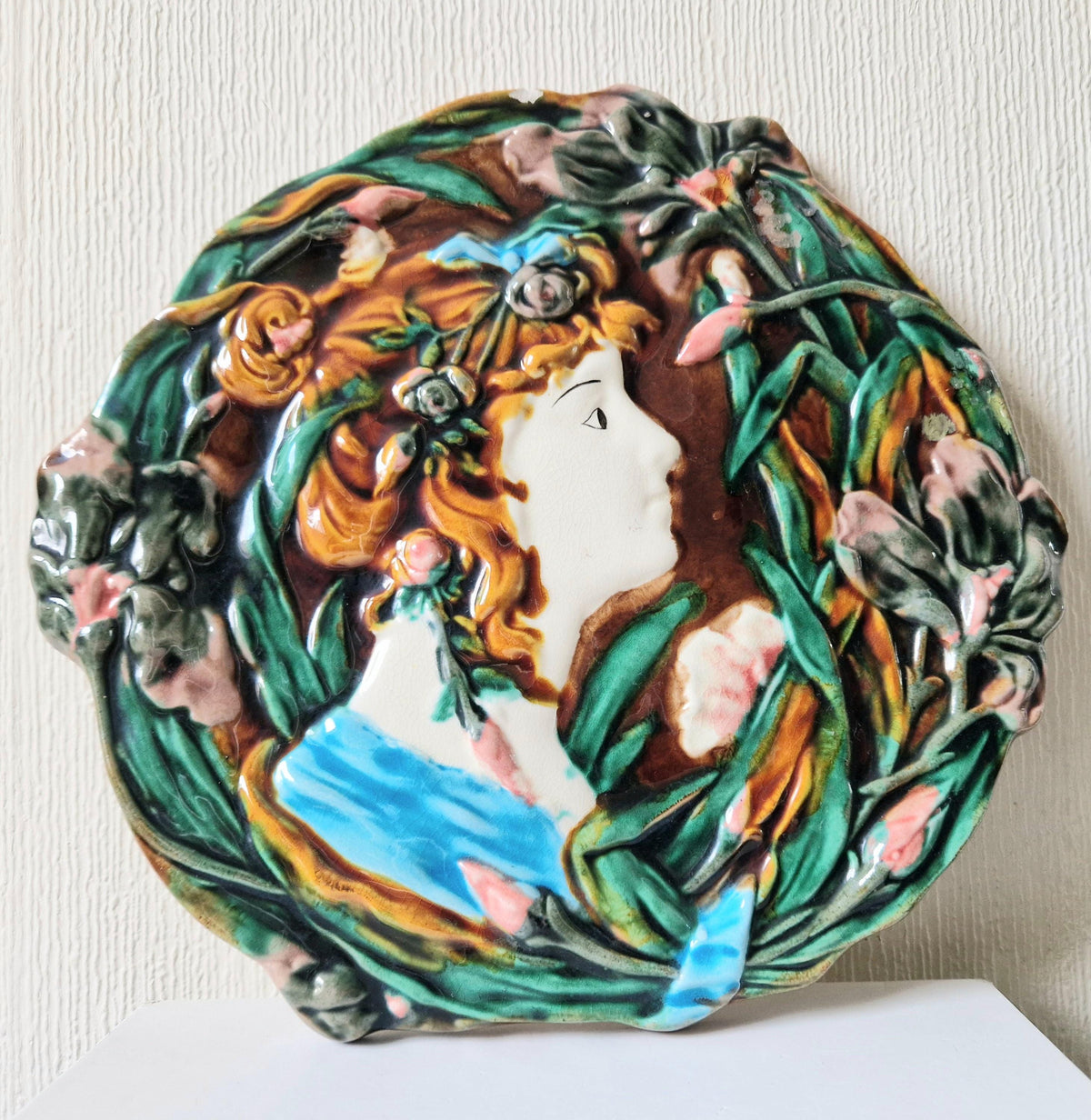 Antique Majolica Floral Blue Dress Lady Art Nouveau Handpainted Ceramic Wall Plaque Roundel